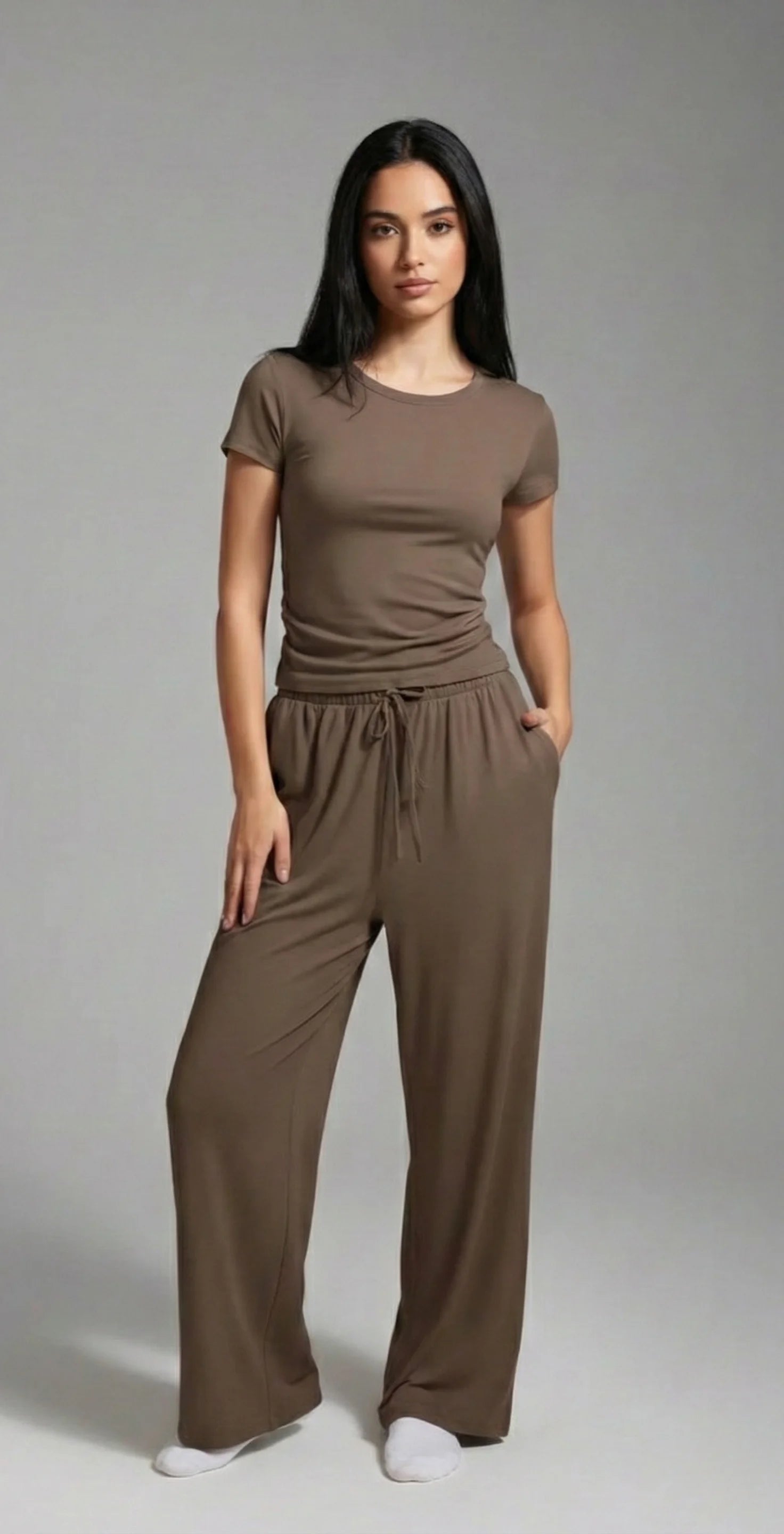 LEWAIR’s Tan SoftTouch Lounge Set – Lightweight Matching Top & Wide-Leg Pants 1