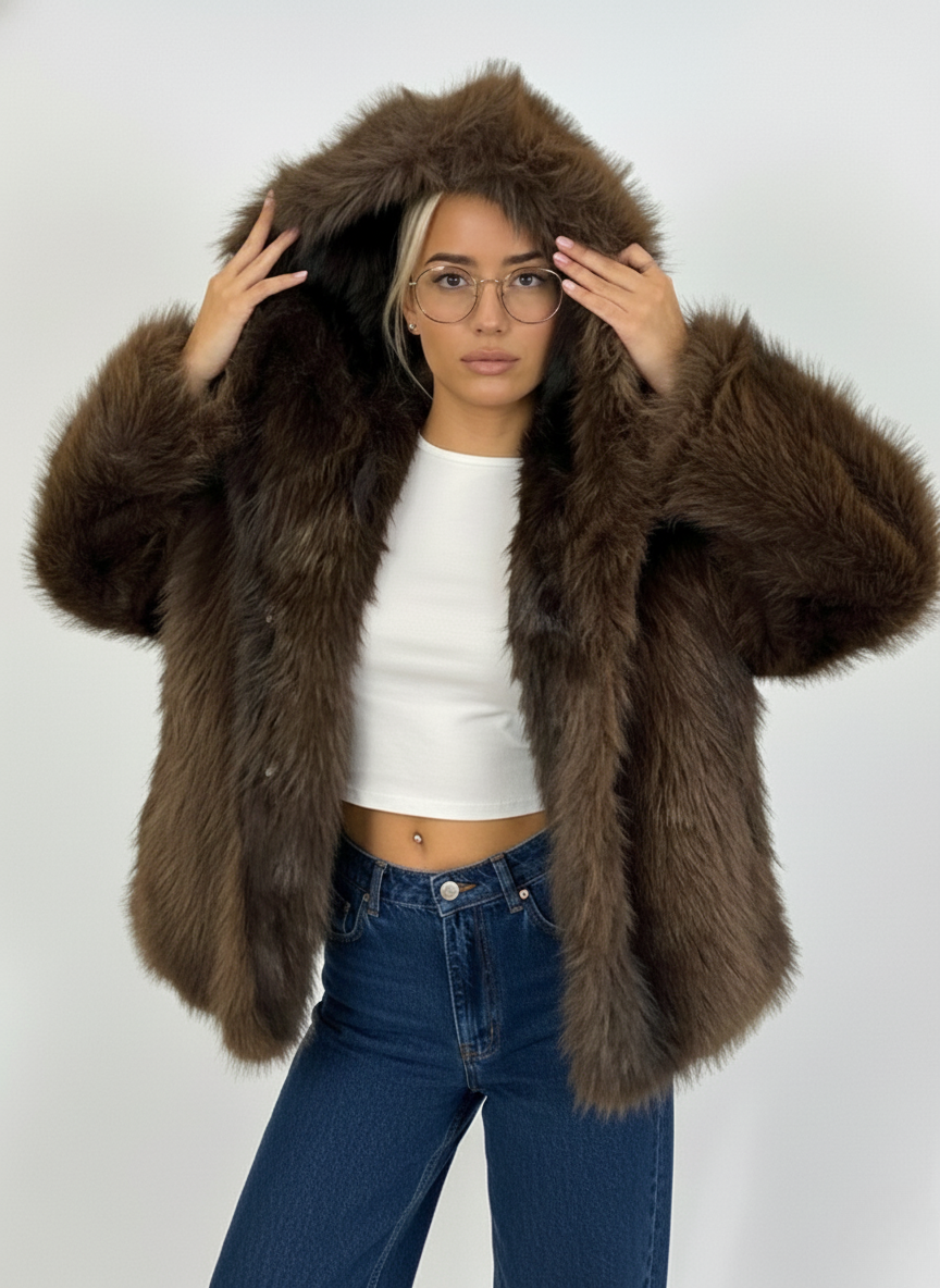 Luxurious Hooded Faux Fur Coat – Ultimate Warmth & Elegant Style | CHOCOLATE 1
