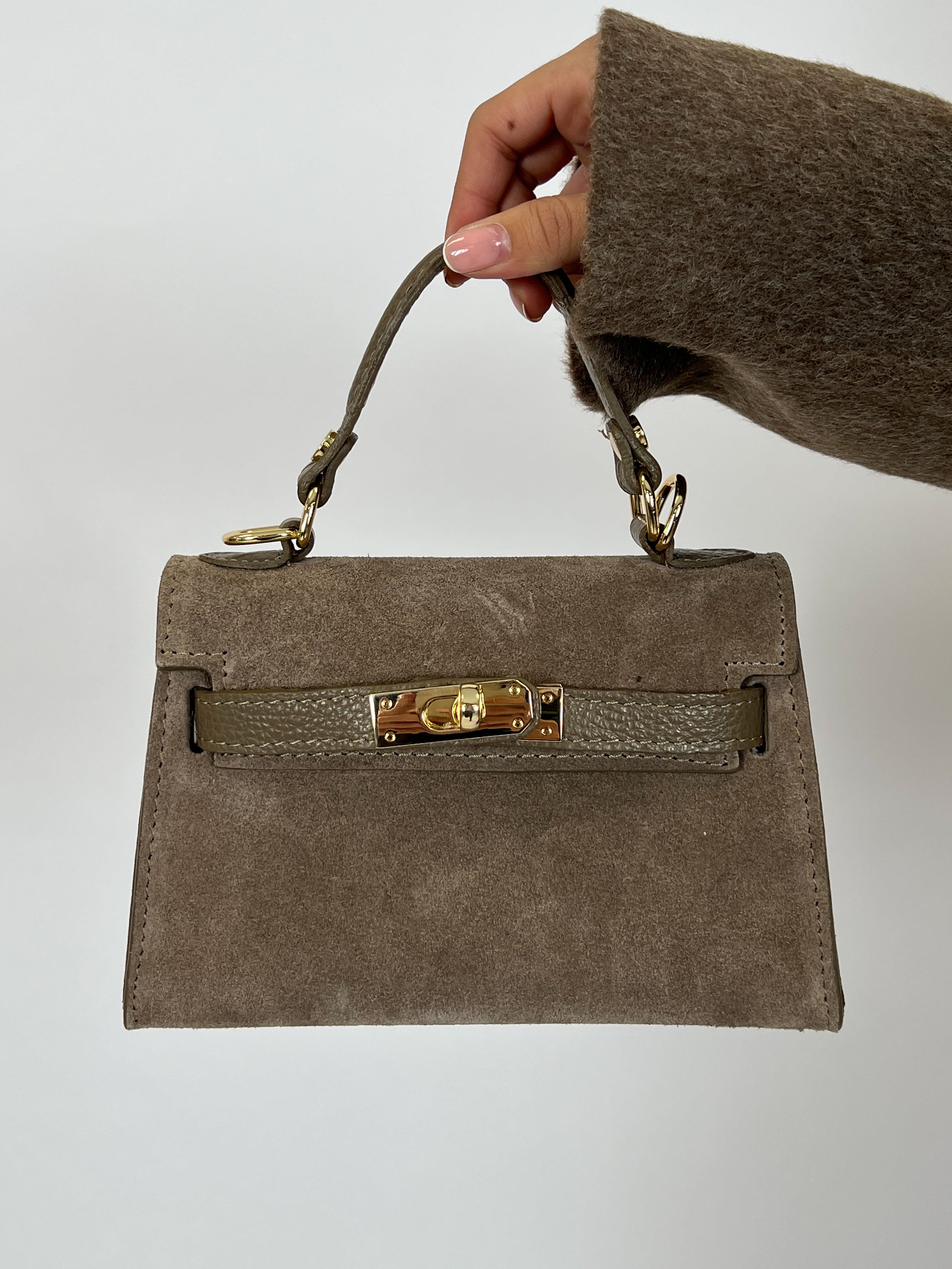 Mini Suede Top Handle Bag - TAUPE FRONT