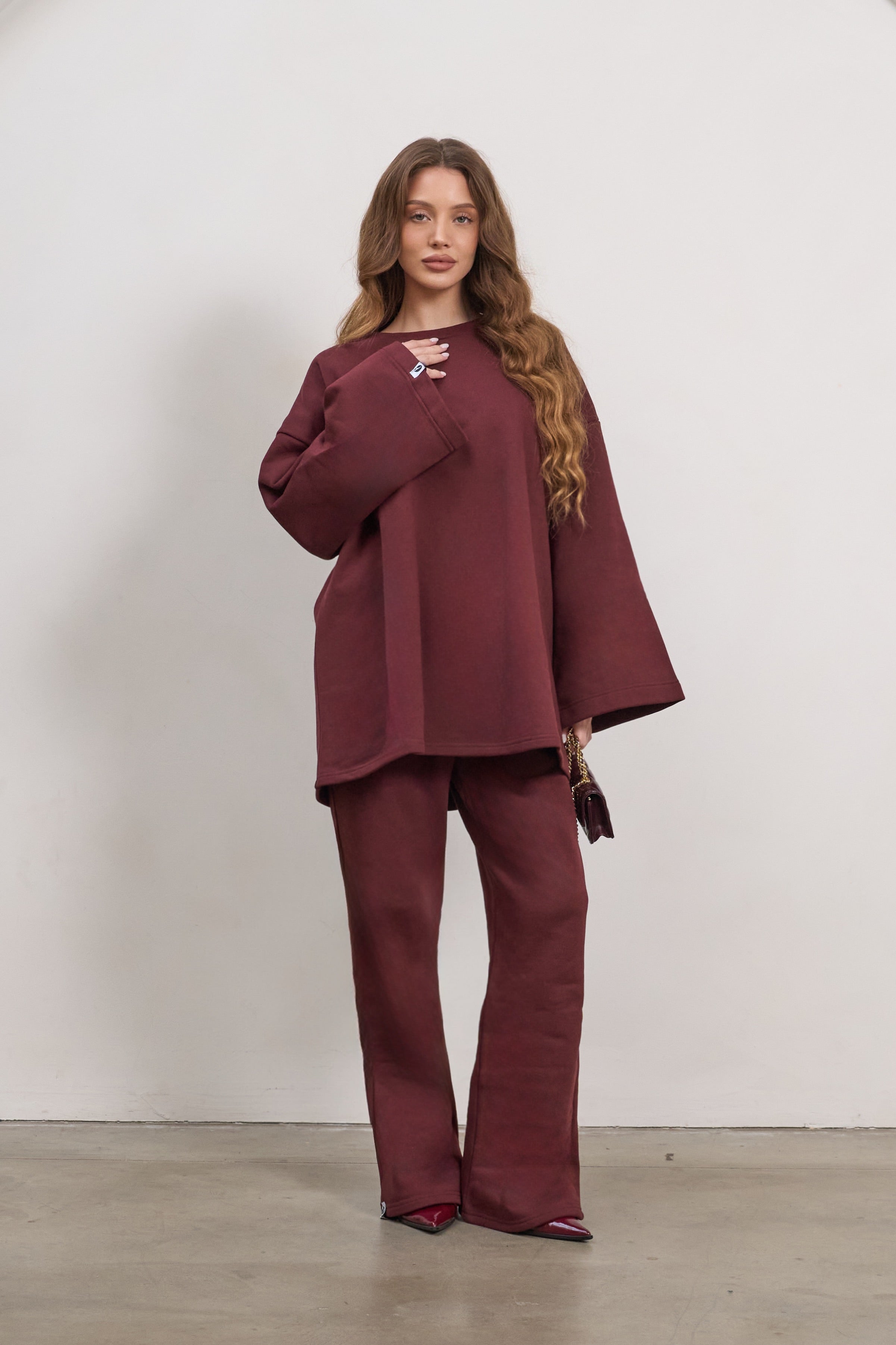 Bordeaux Ease Co-Ord Set | Oversized Cotton Knit Top & Straight-Leg Pants