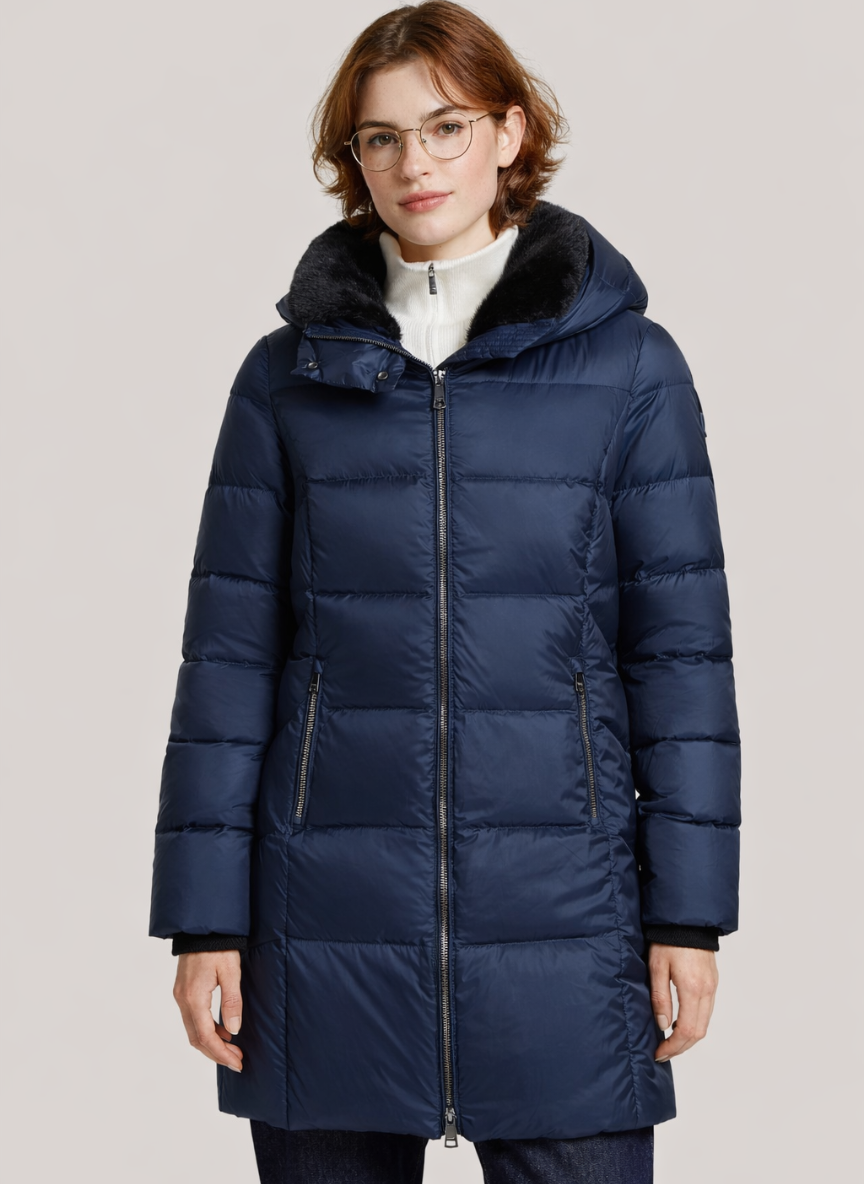 Paige Lightweight Mid Down Jacket – Elegant Taffeta Fabric & Removable Faux Fur Collar | NAVY 1