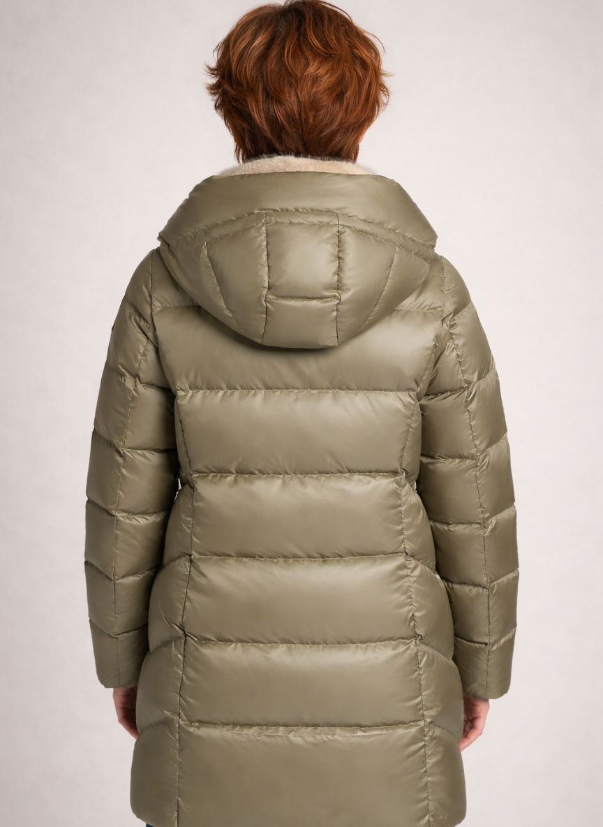 Paige Lightweight Mid Down Jacket – Elegant Taffeta Fabric & Removable Faux Fur Collar | PISTACHIO 3