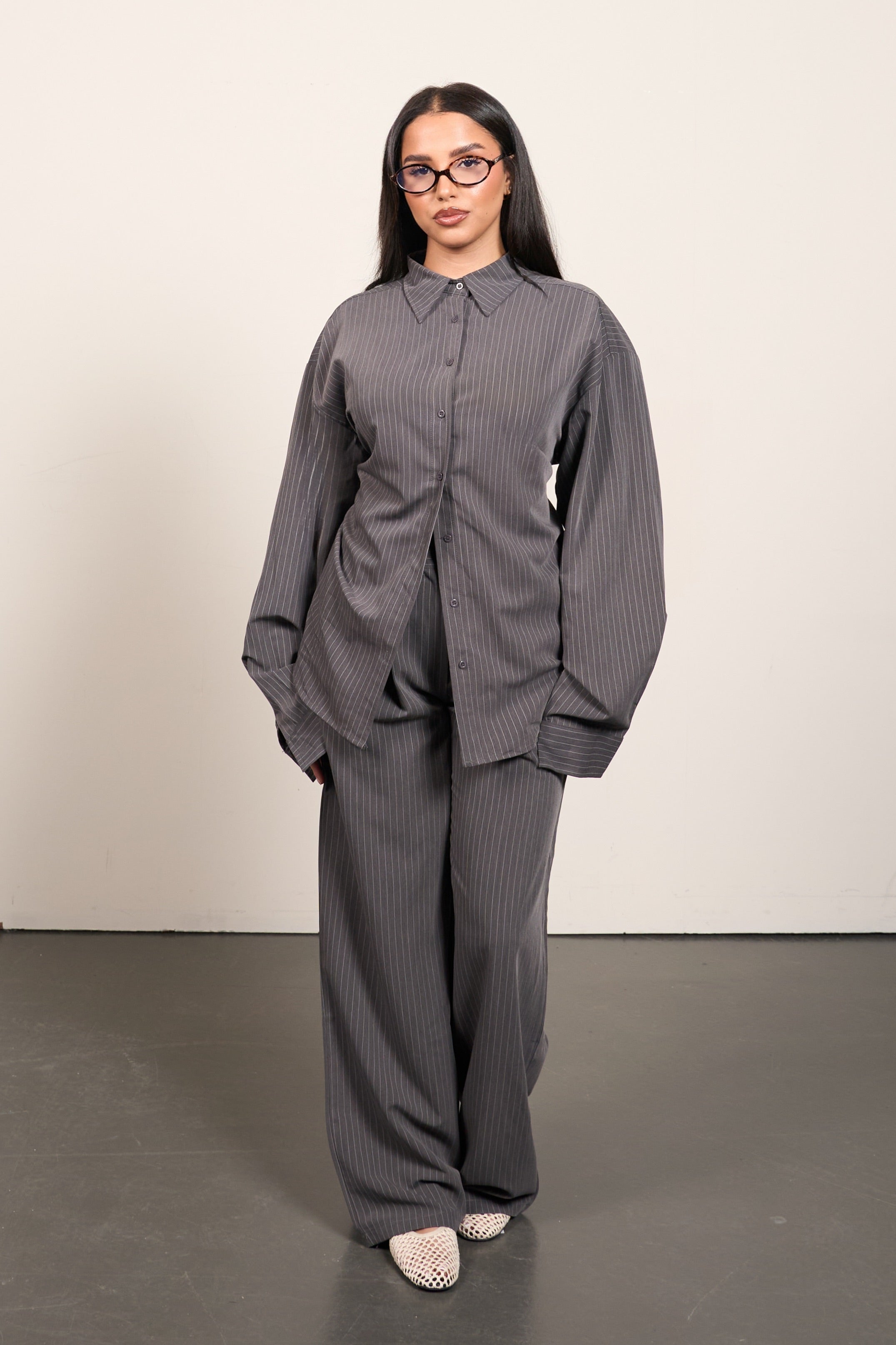 Pinstripe Oversized Blouse – Gray