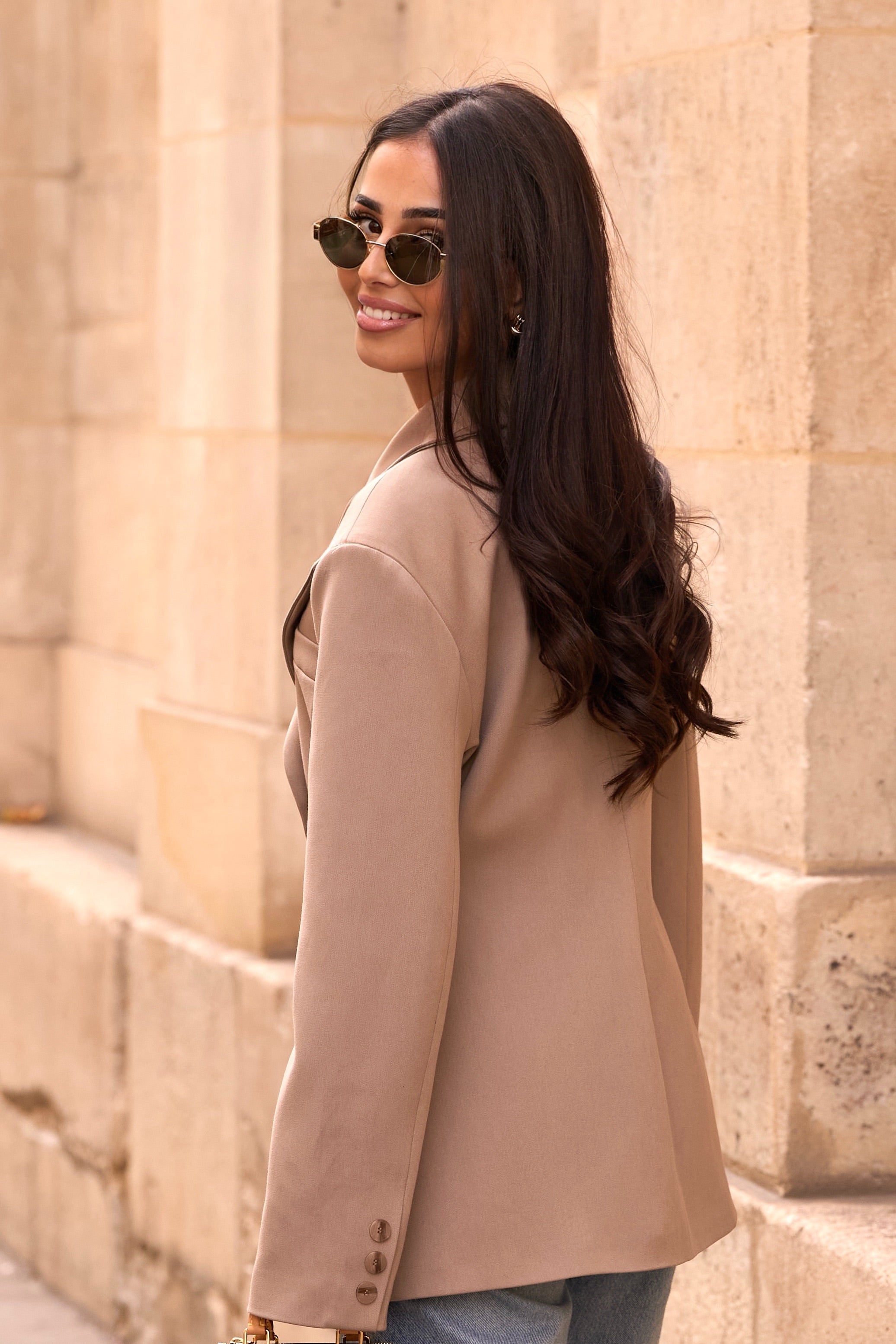 Women’s Sandstone Tailored Blazer – Timeless Double-Breasted Elegance