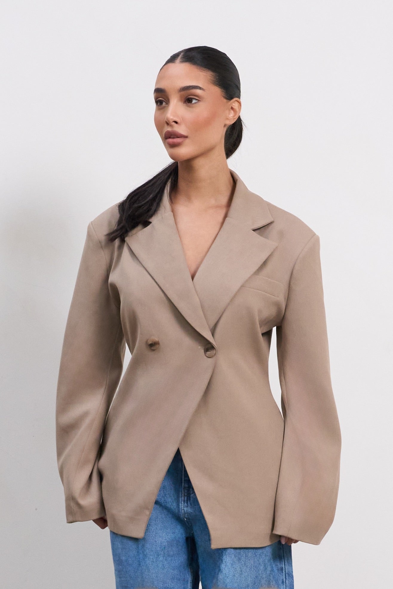 Women’s Sandstone Tailored Blazer – Timeless Double-Breasted Elegance
