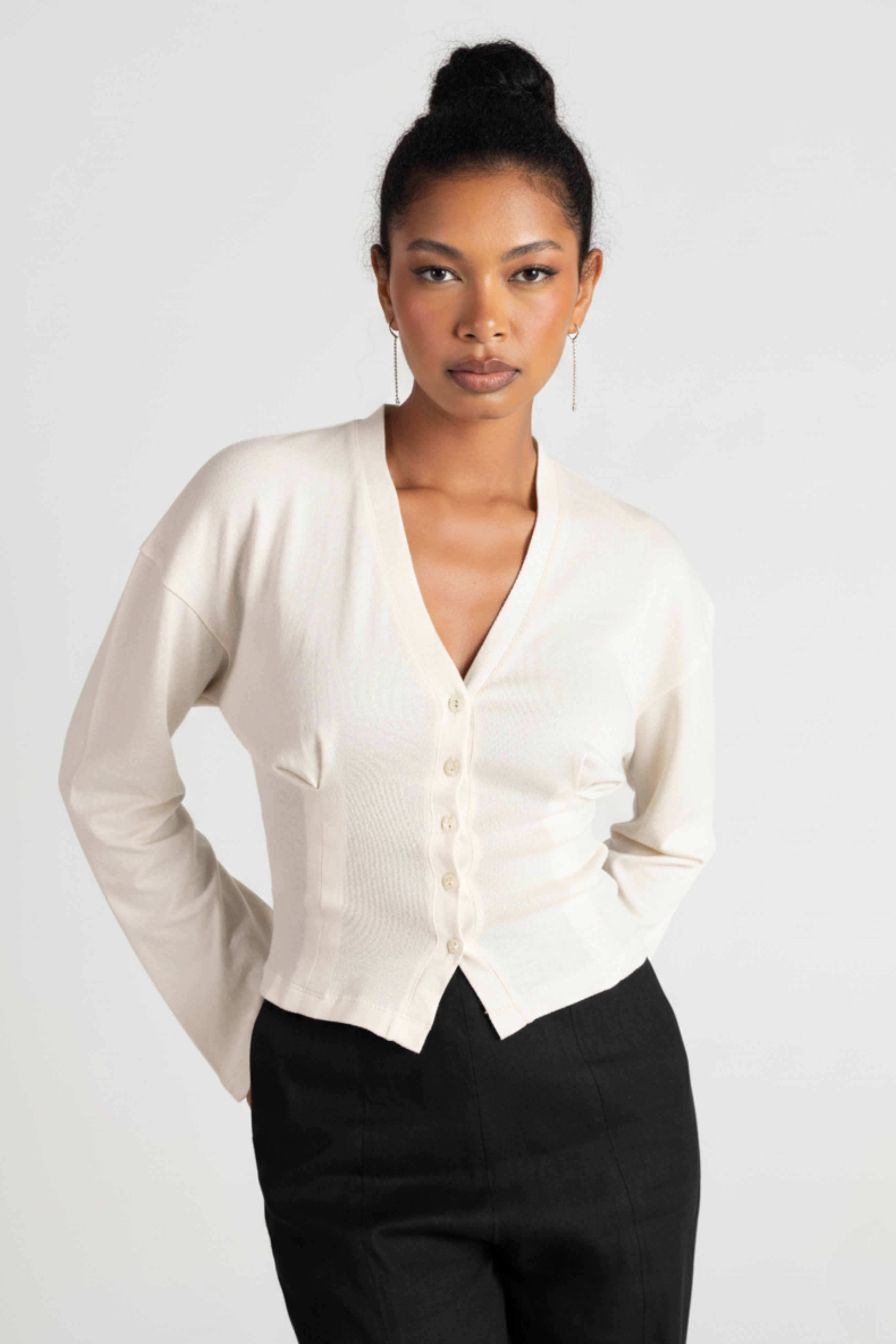 Sculpted Waist Blouse – Pleated Button Front Blouse for Women | WHITE 2