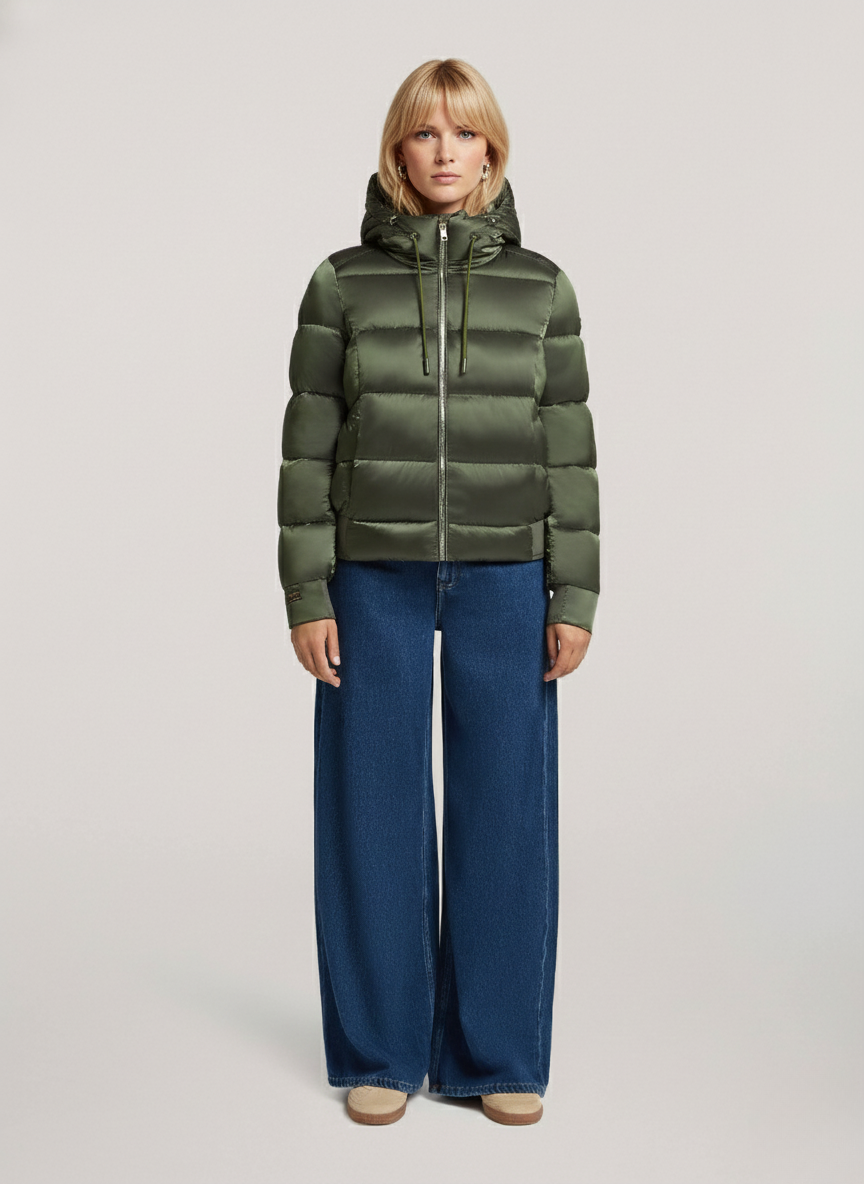 Shiny Ripstop Bomber Jacket – Stylish & Warm Outerwear with Faux Down | GREEN 1