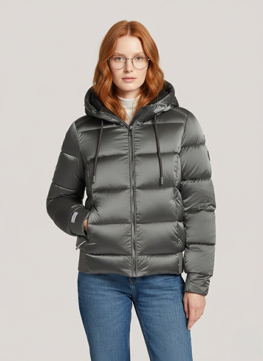 Shiny Ripstop Bomber Jacket – Stylish & Warm Outerwear with Faux Down | SILVER 1