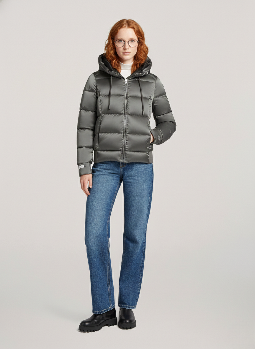 Shiny Ripstop Bomber Jacket – Stylish & Warm Outerwear with Faux Down | SILVER 2