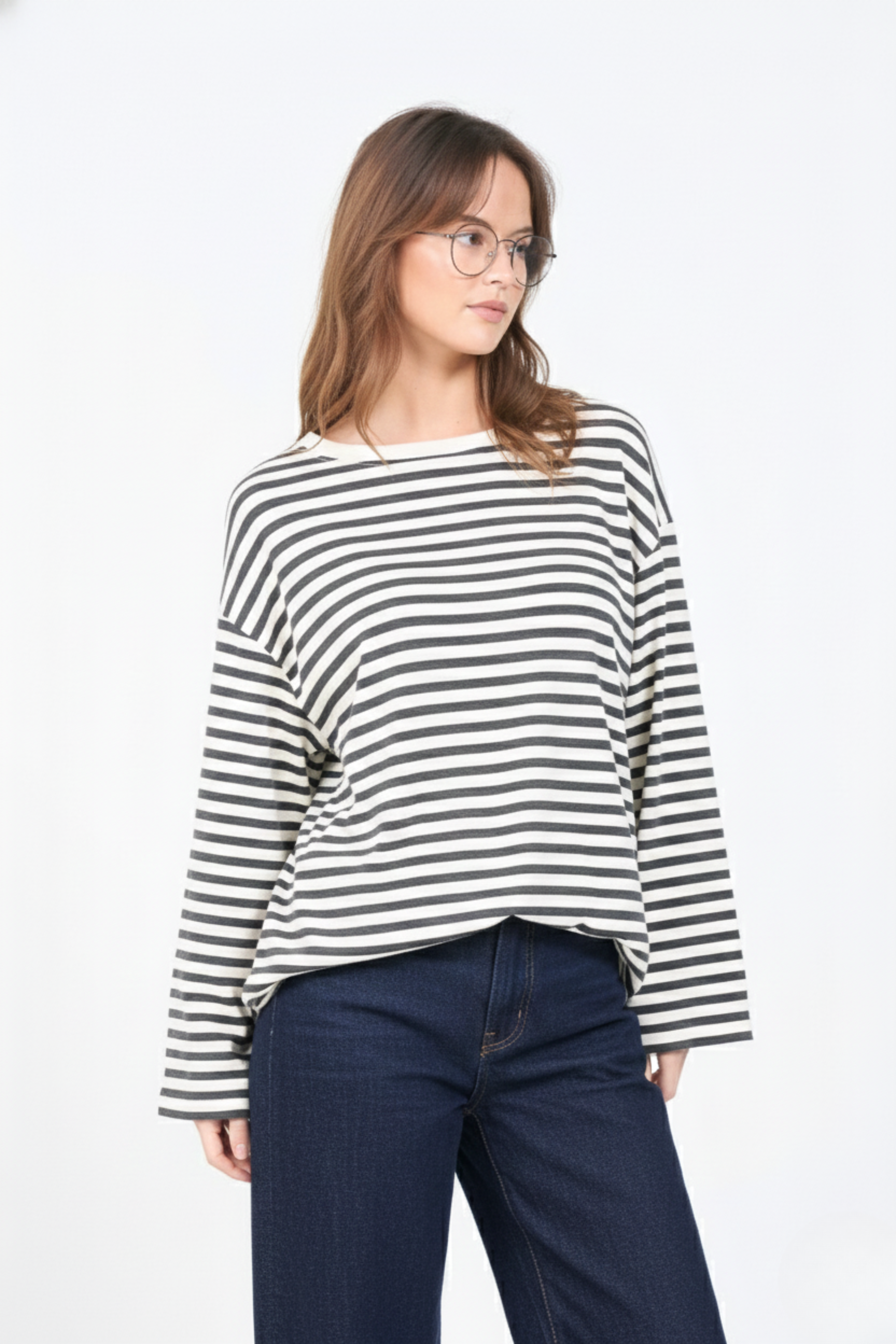 Striped Long Sleeve Cotton T-Shirt | Relaxed Everyday Fit | BLACK