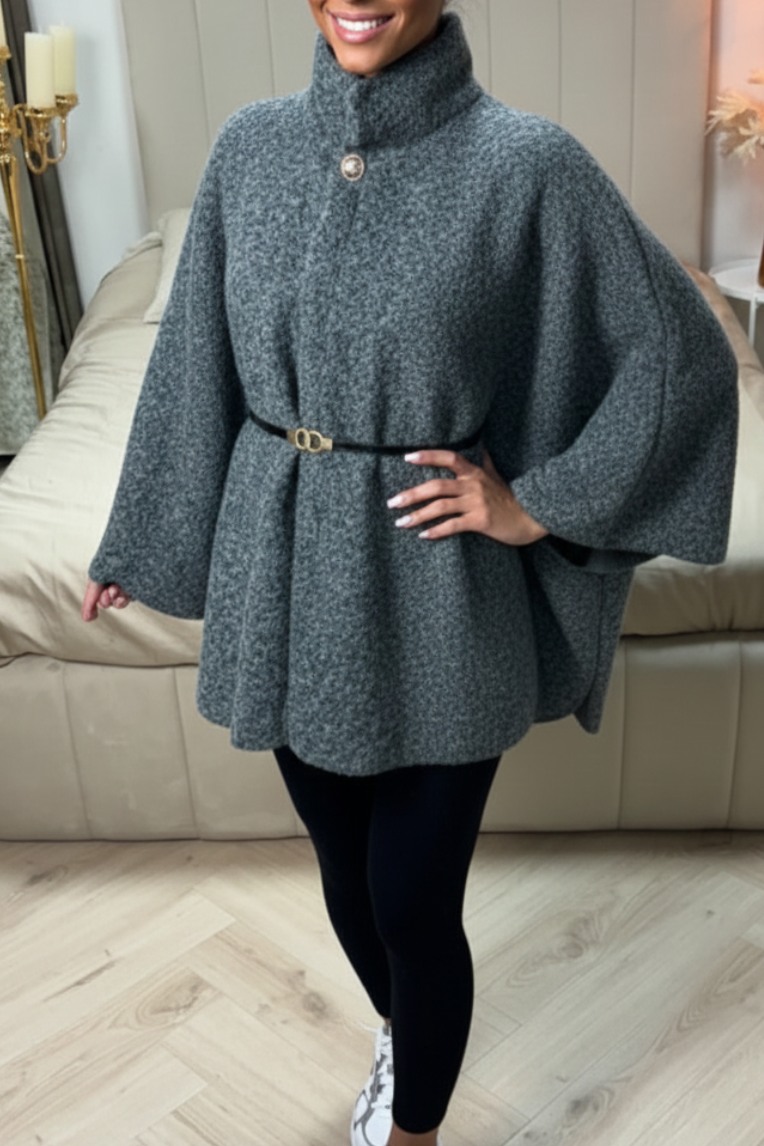 Teddy Oversized Cardigan Top – Lightweight Polyester Knit | GREY