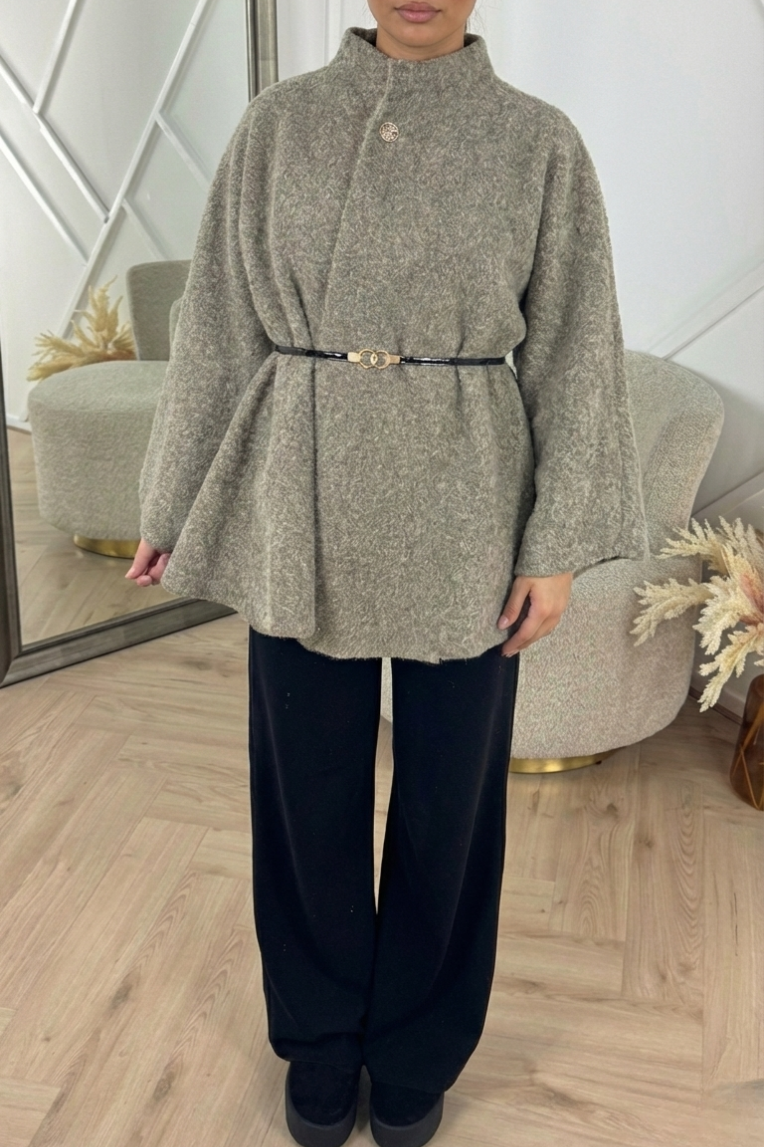 Teddy Oversized Cardigan Top – Lightweight Polyester Knit | KHAKI