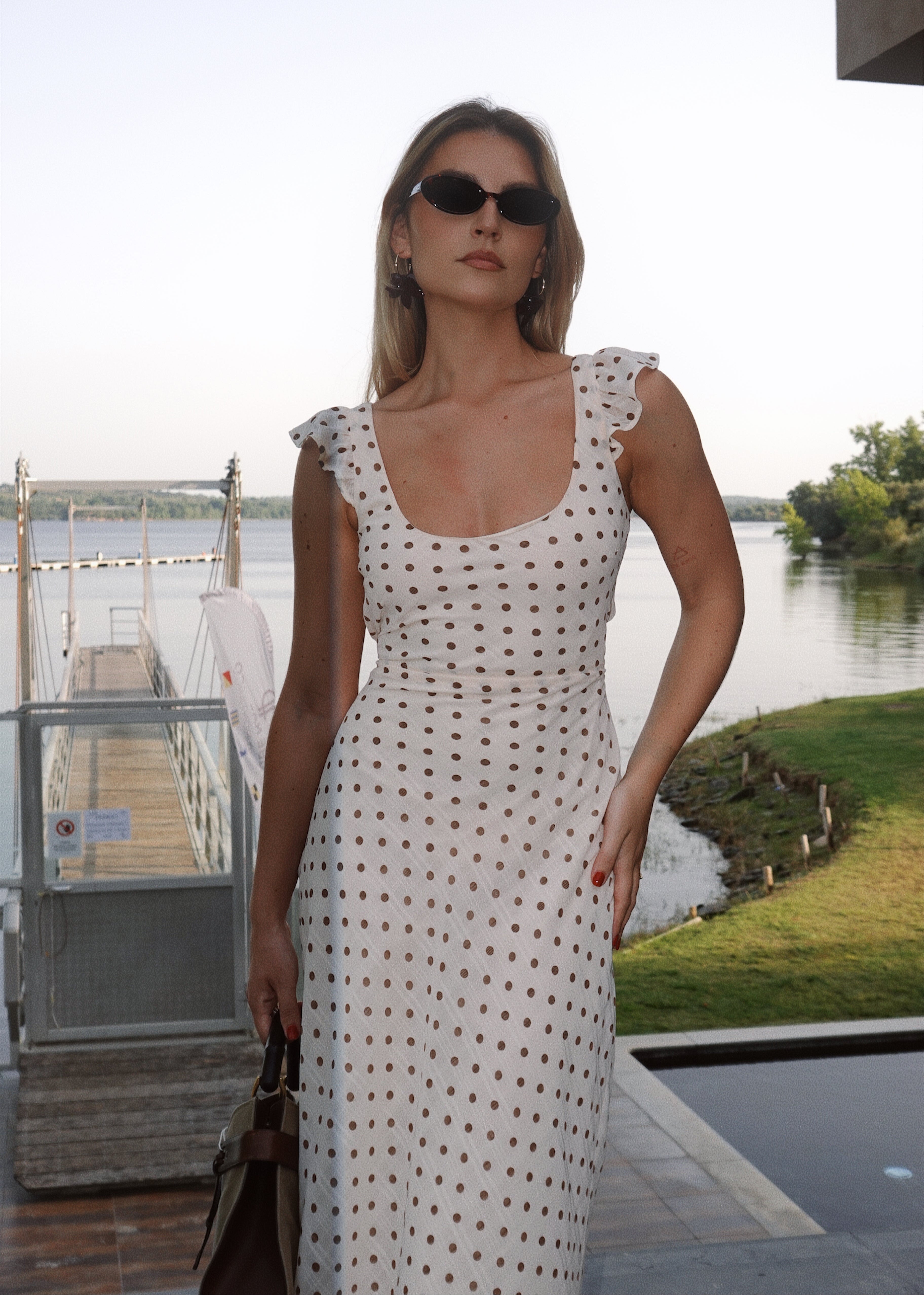 Carmen Polka Dot Midi Dress - Beige & Brown