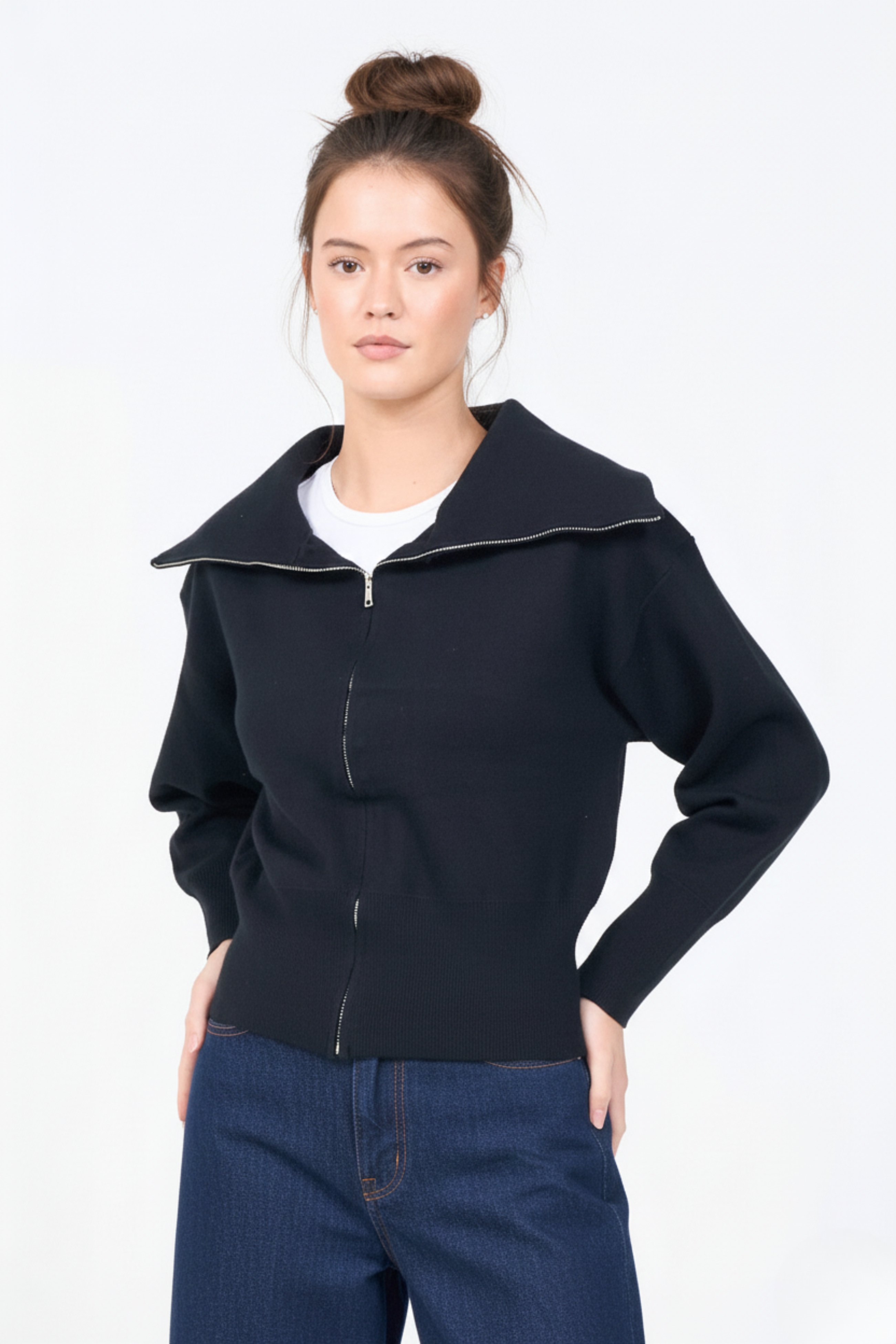 The Softline Zip Cardigan | Wide-Collar Relaxed Knit Cardigan | BLACK 1