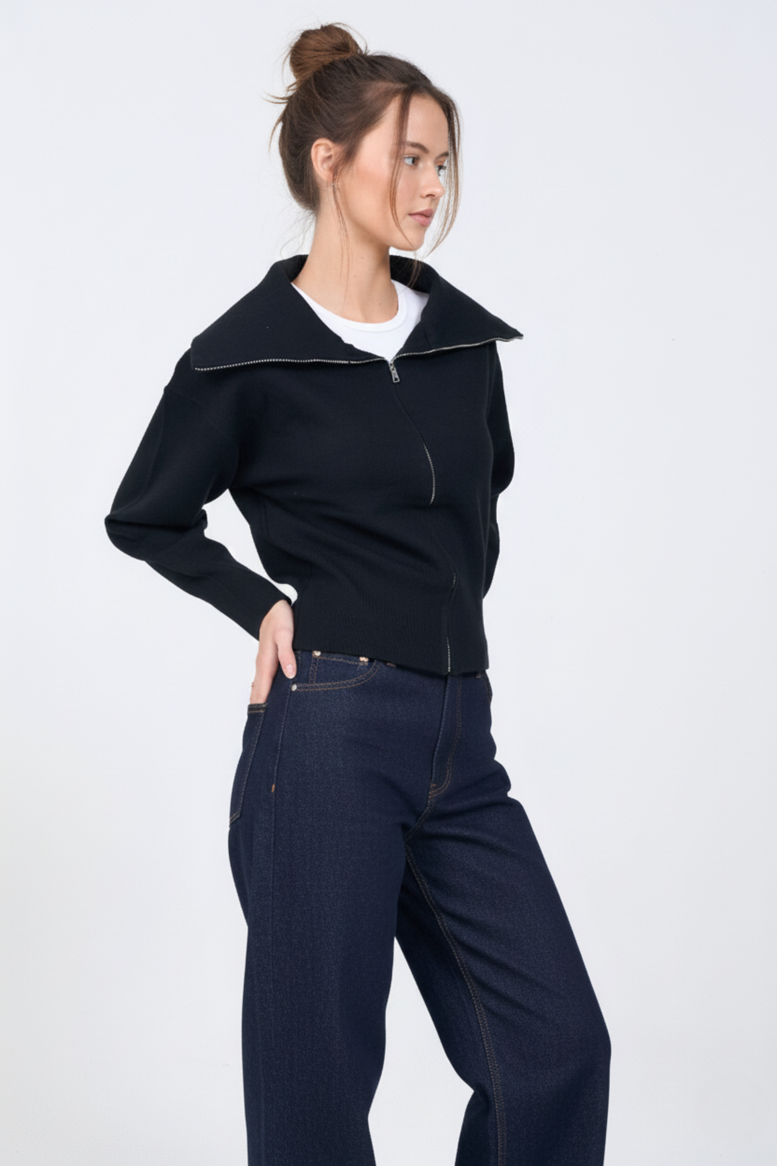 The Softline Zip Cardigan | Wide-Collar Relaxed Knit Cardigan | BLACK 2