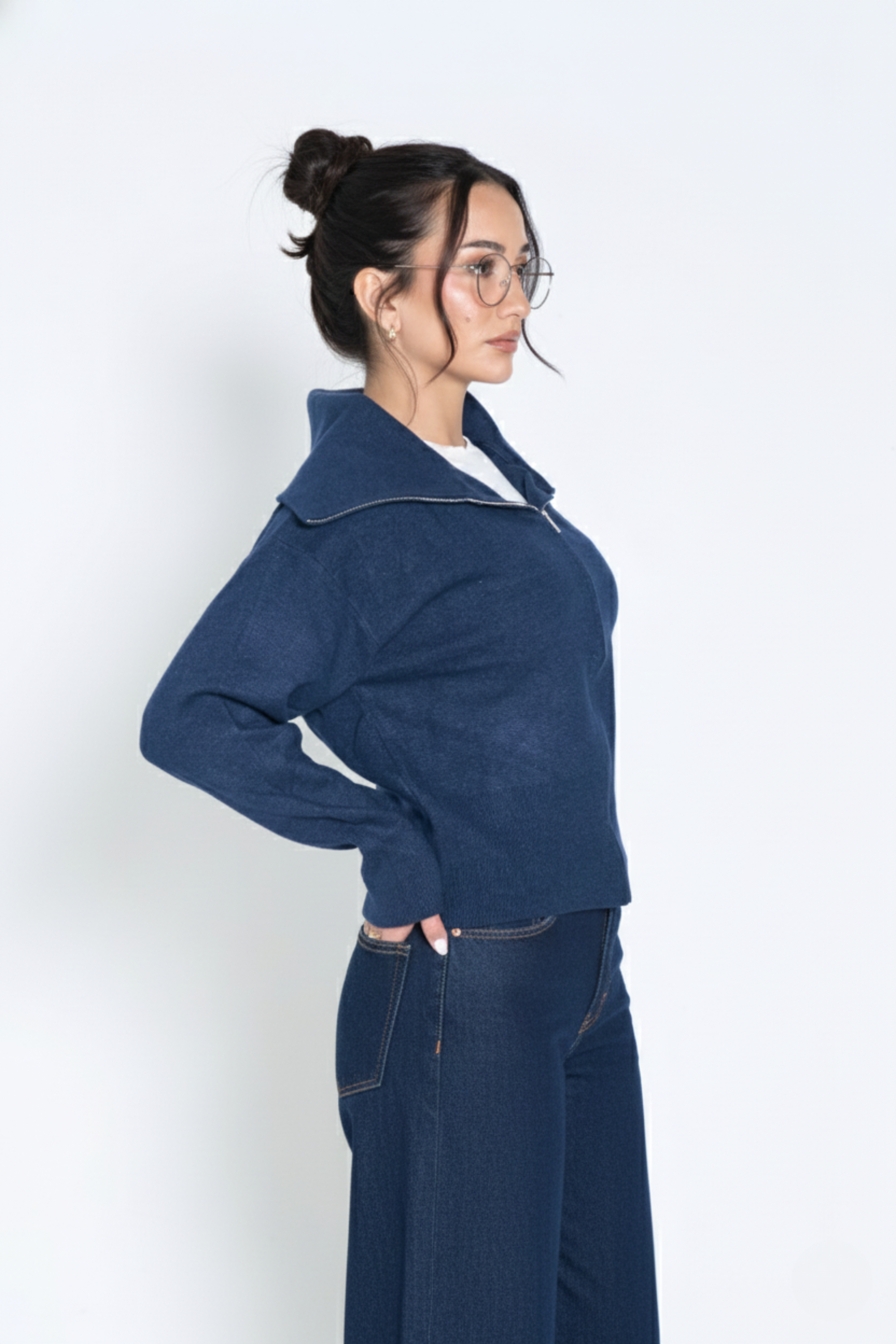 The Softline Zip Cardigan | Wide-Collar Relaxed Knit Cardigan | BLUE 2