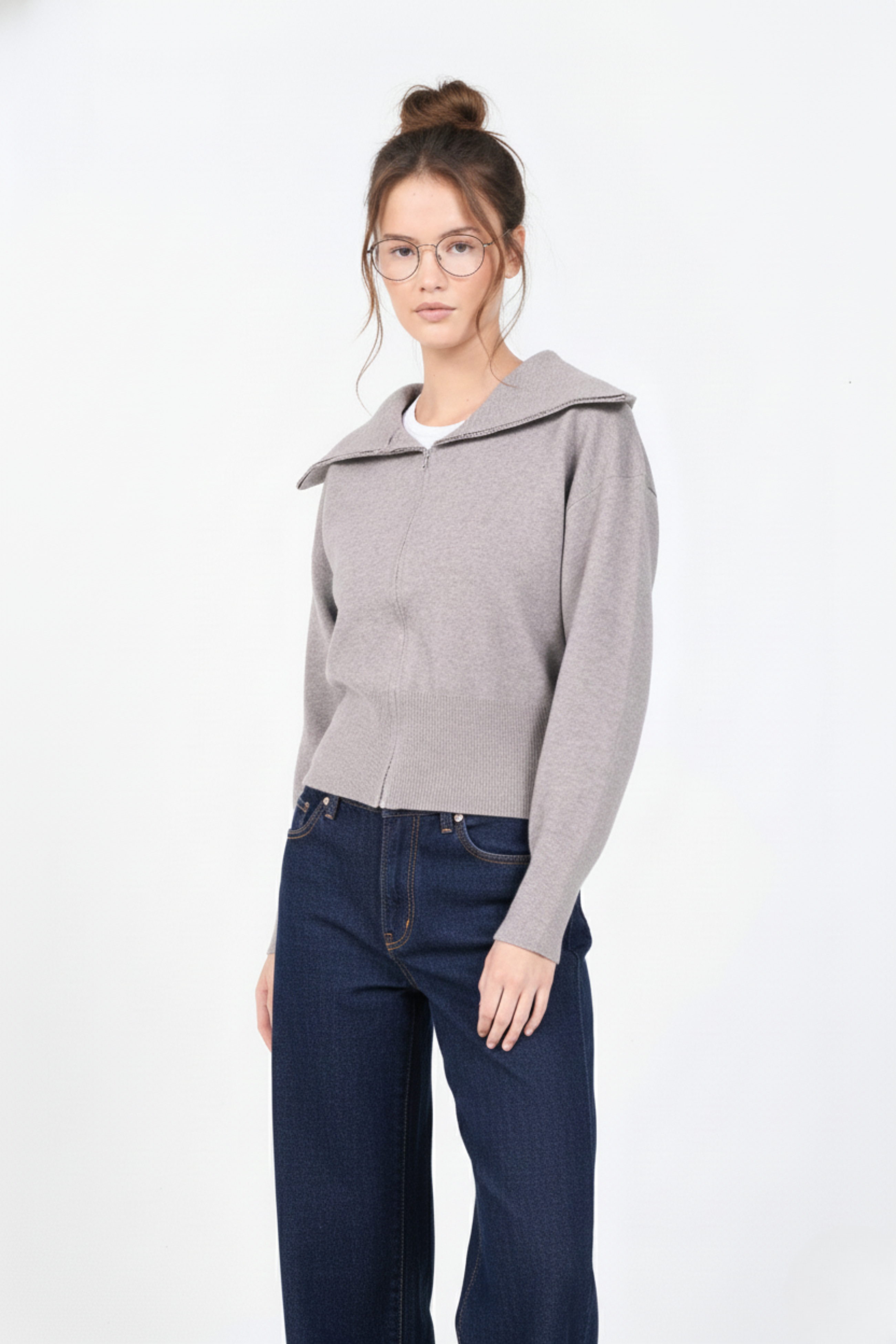 The Softline Zip Cardigan | Wide-Collar Relaxed Knit Cardigan | TAUPE