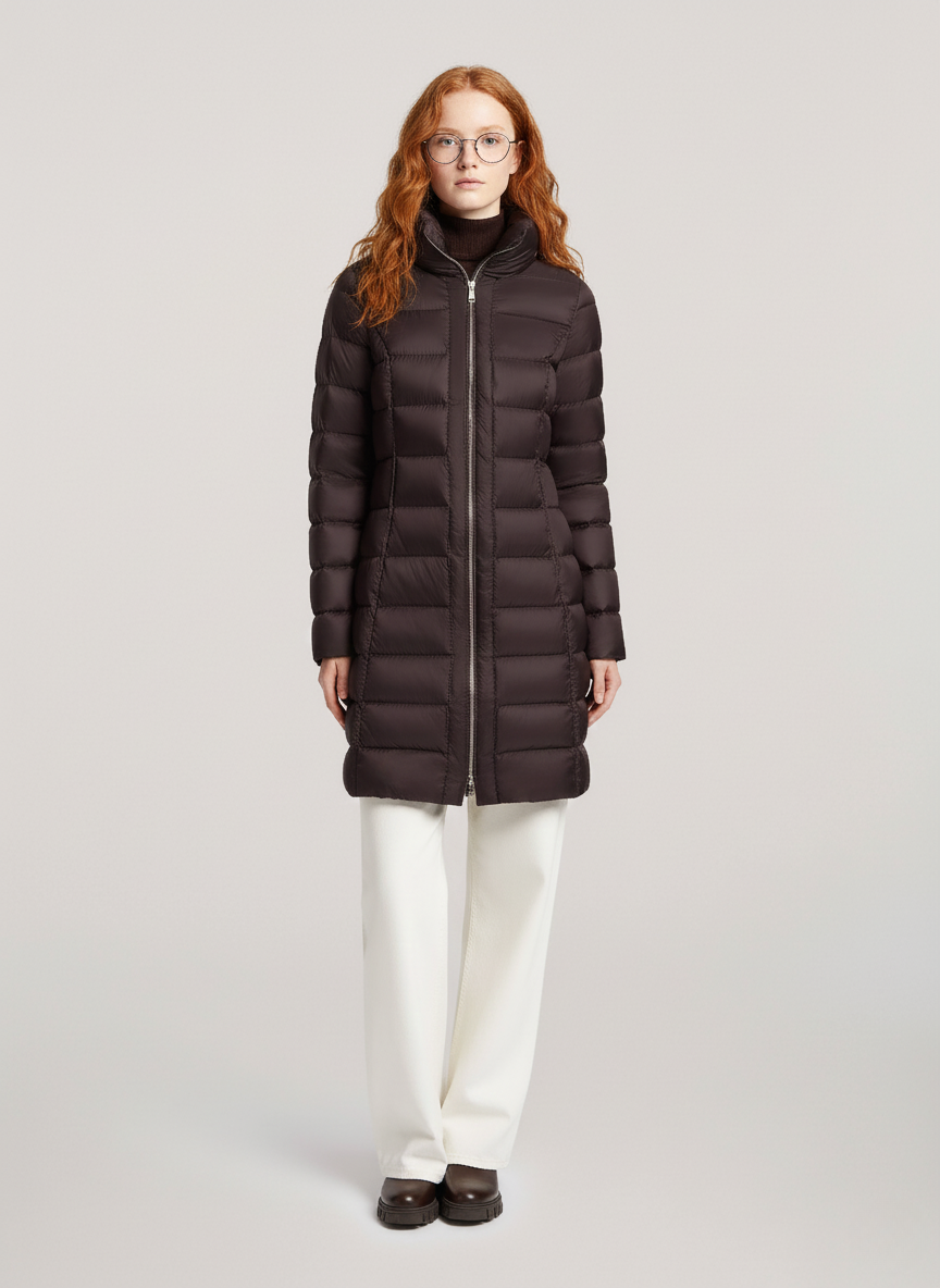 Theodora's Lightweight Mid Down Jacket – Transitional Outerwear with Stand-Up Collar | CHOCOLATE 1