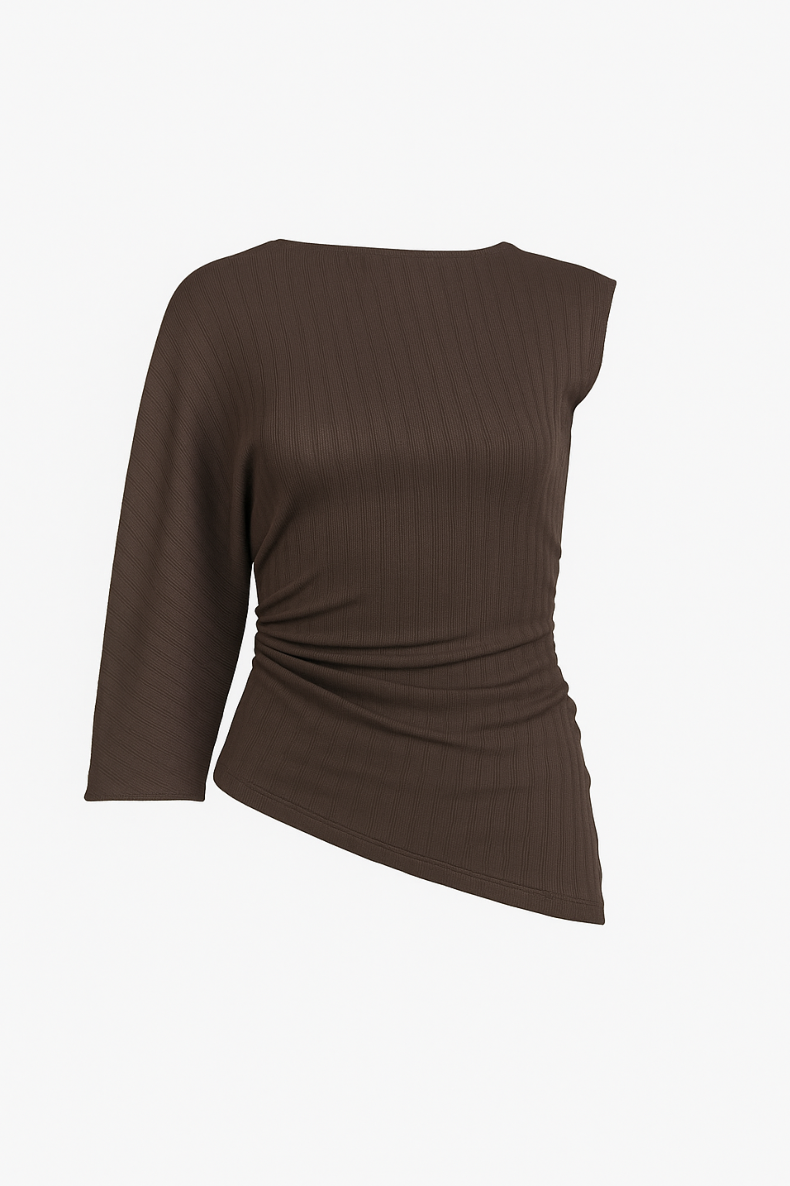 Women’s Asymmetric Ribbed Knit Top – One-Sleeve Design with Ruched Waist Detail