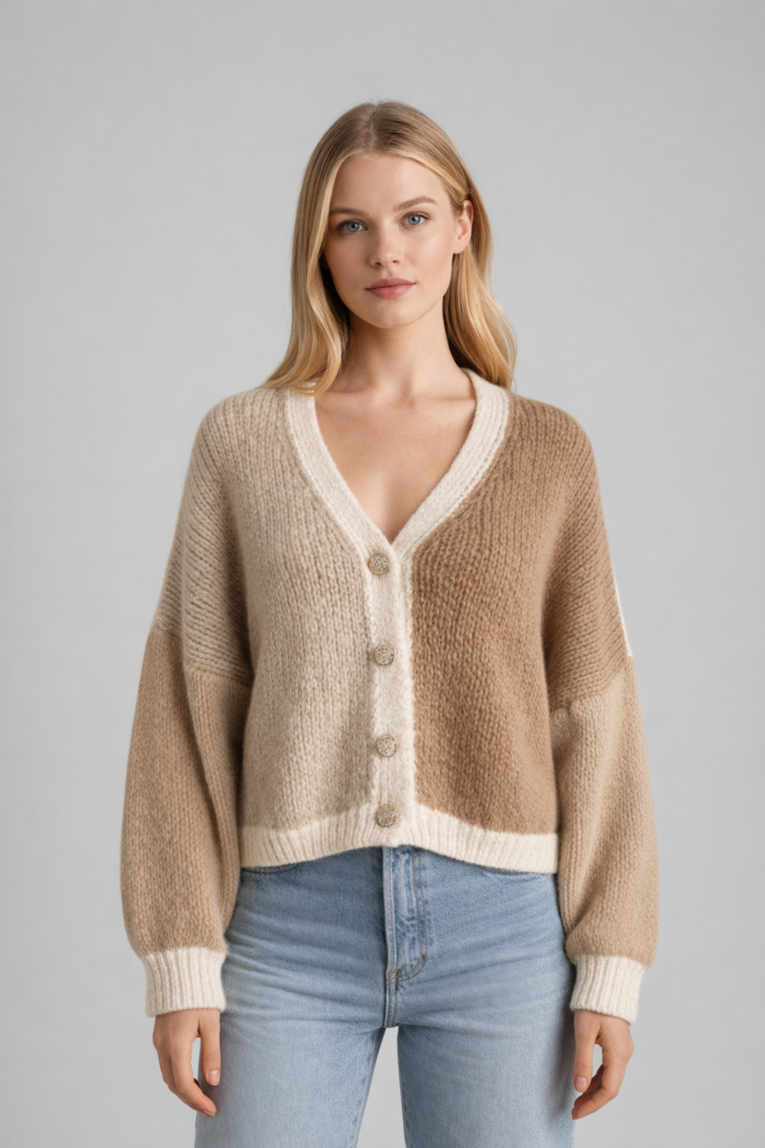 Women’s Color-Block Knitted Cardigan – Cozy & Chic with Button Details 1