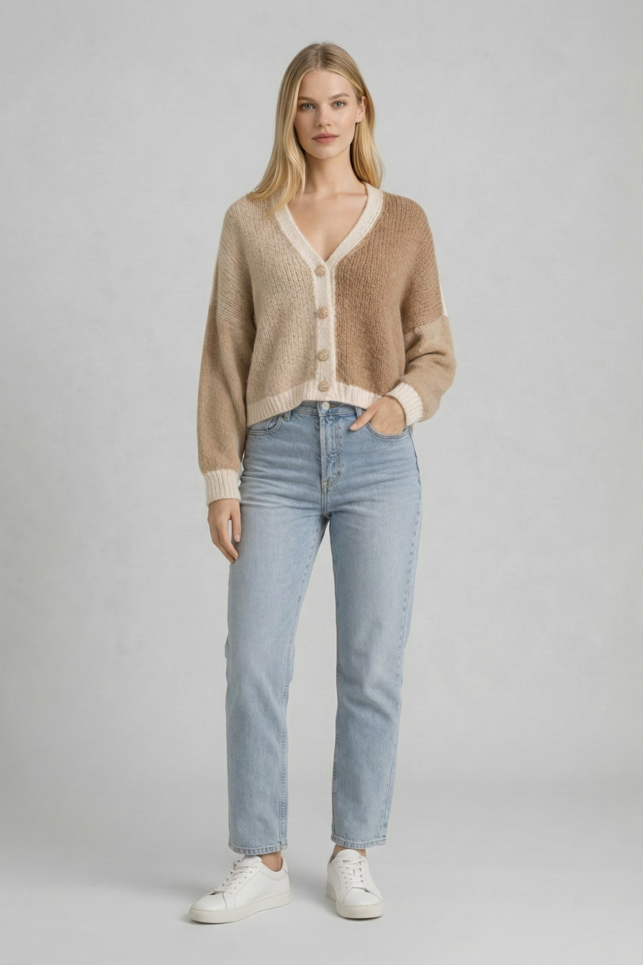 Women’s Color-Block Knitted Cardigan – Cozy & Chic with Button Details 2