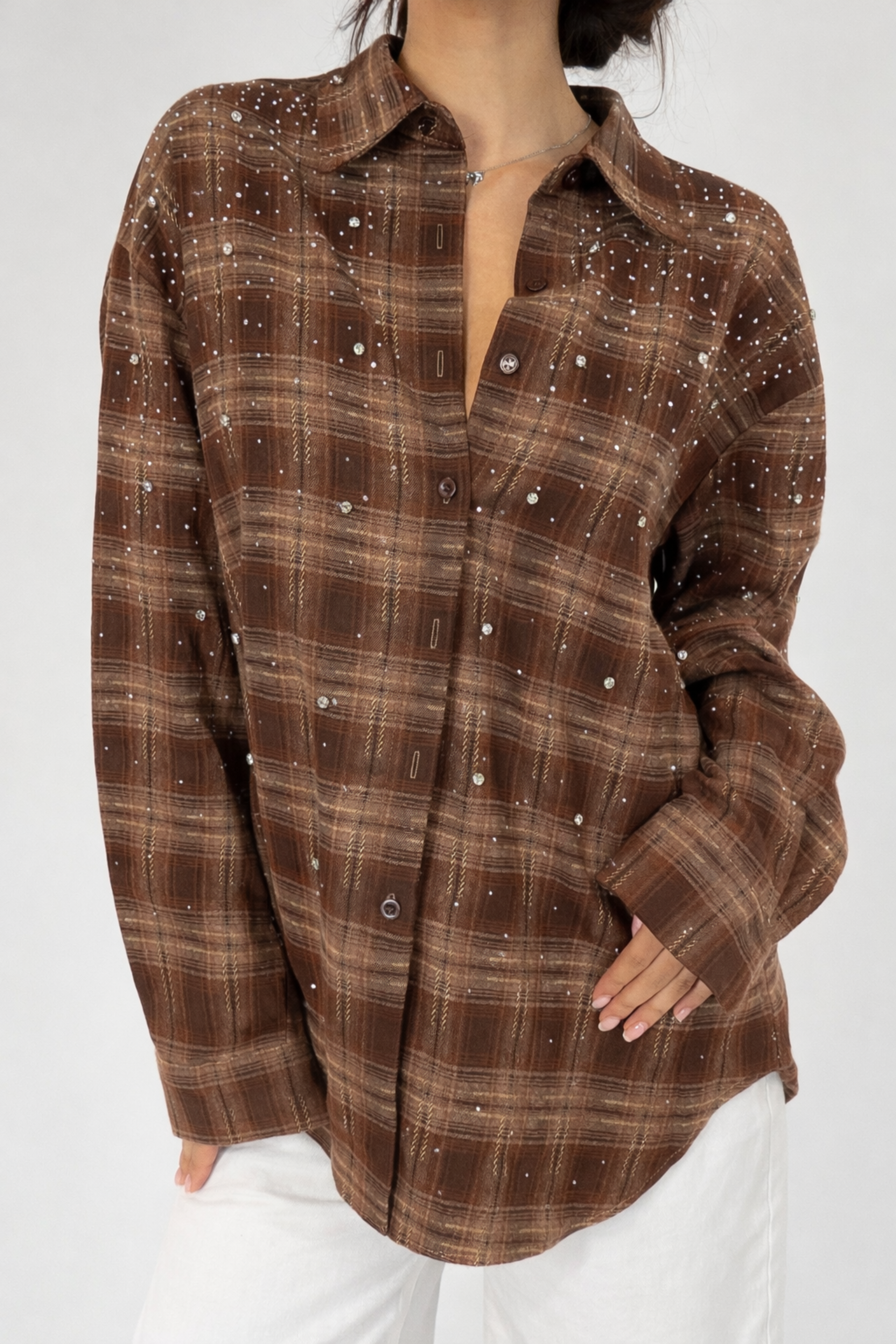 Women’s Embellished Plaid Shirt – Effortless Statement Layer | BROWN 1