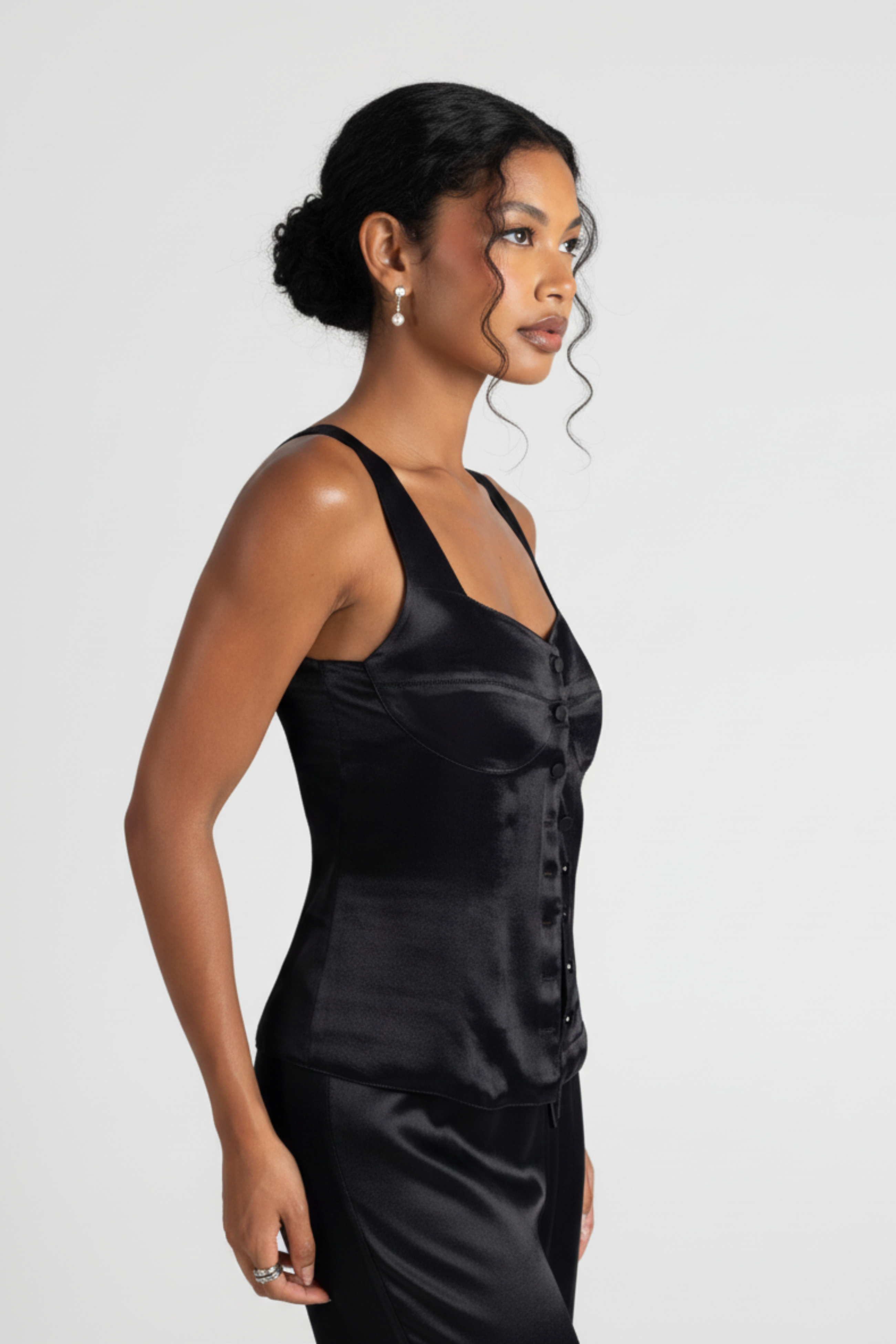 Women’s George Satin Corset Top – Heart Neckline with Covered Buttons and Wide Straps | BLACK 1