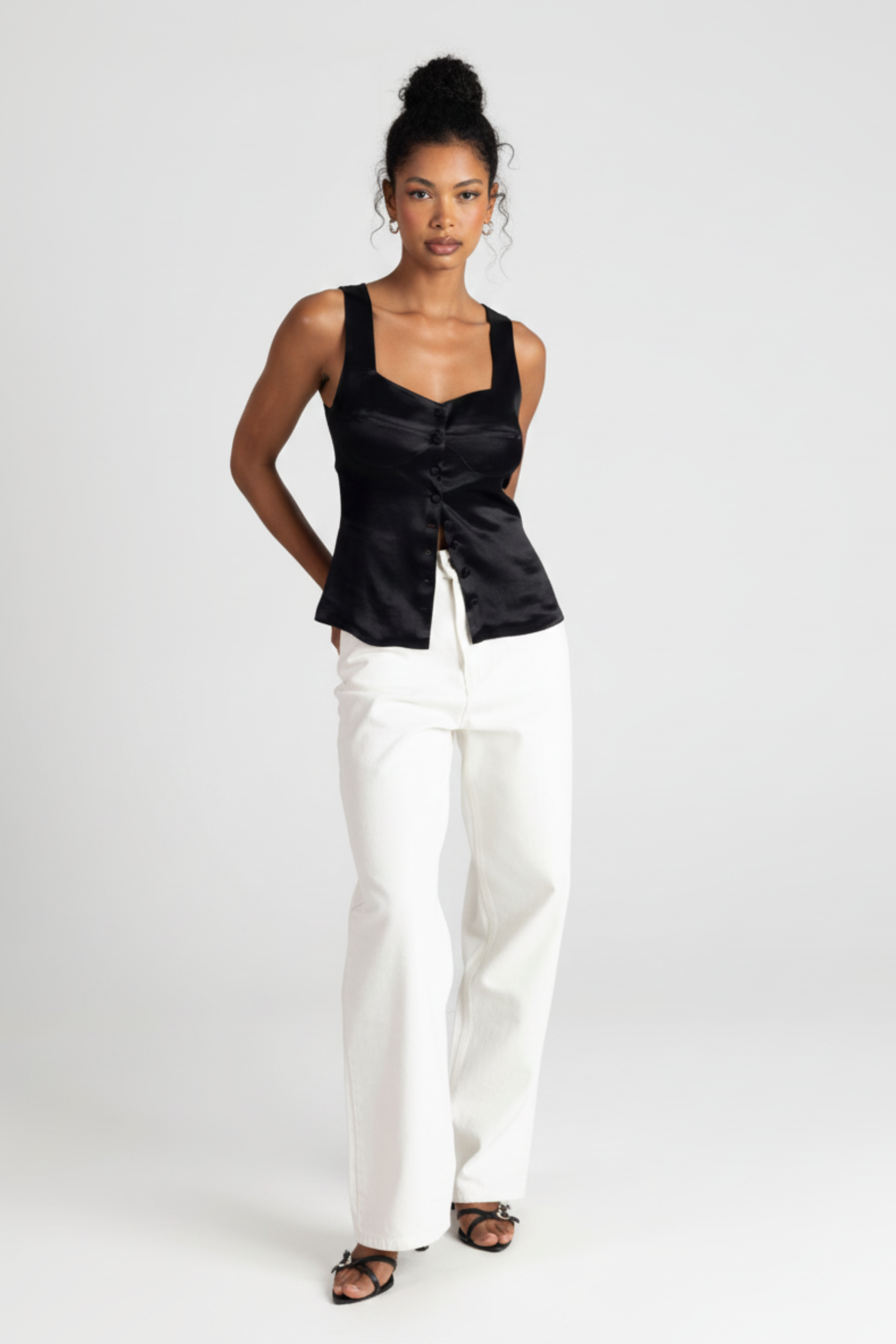 Women’s George Satin Corset Top – Heart Neckline with Covered Buttons and Wide Straps | BLACK 3