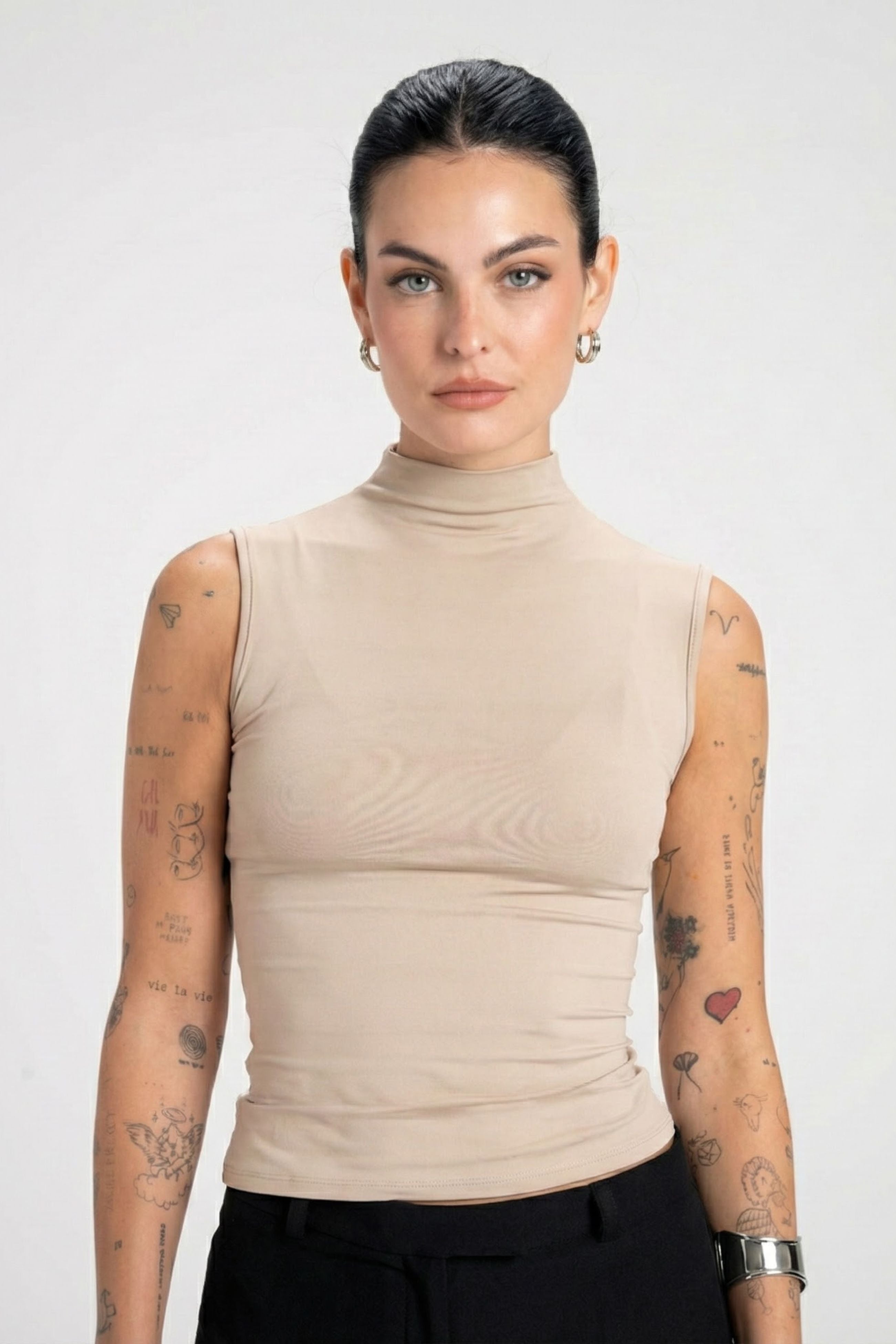 Women’s High Mock Neck Sleeveless Fitted Top – Soft Stretch Fabric| BEIGE 1