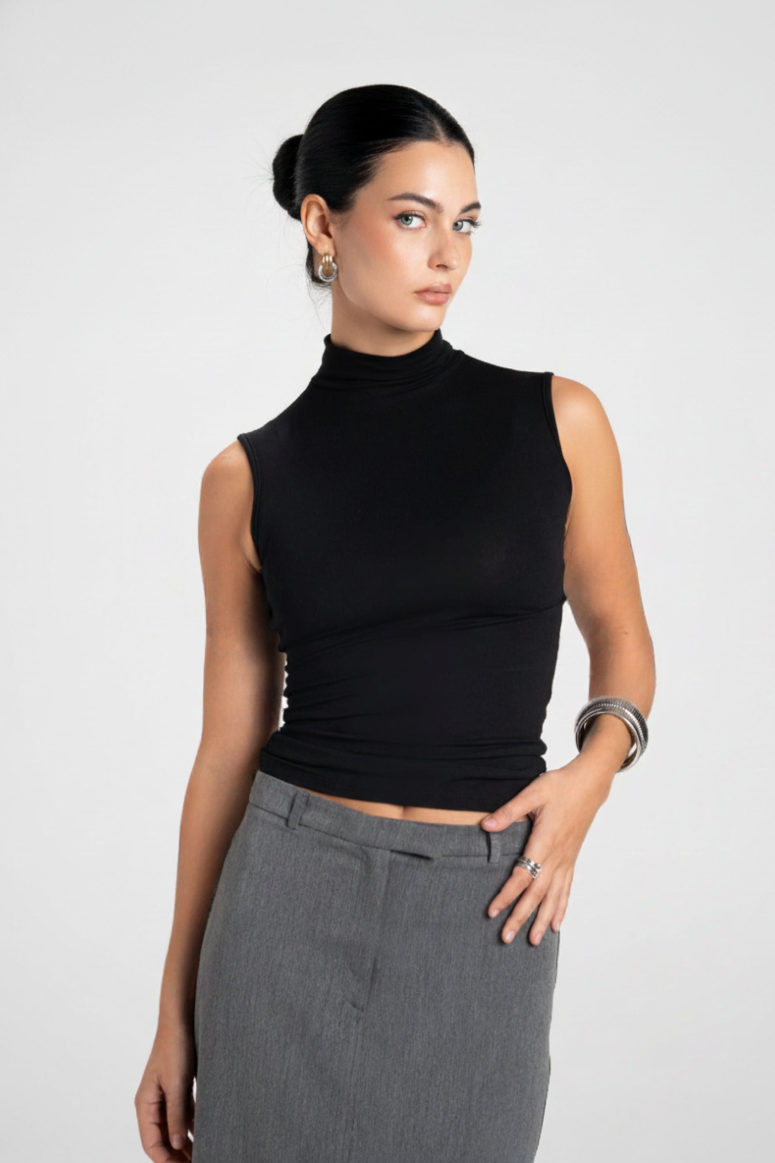 Women’s High Mock Neck Sleeveless Fitted Top – Soft Stretch Fabric| BLACK 1