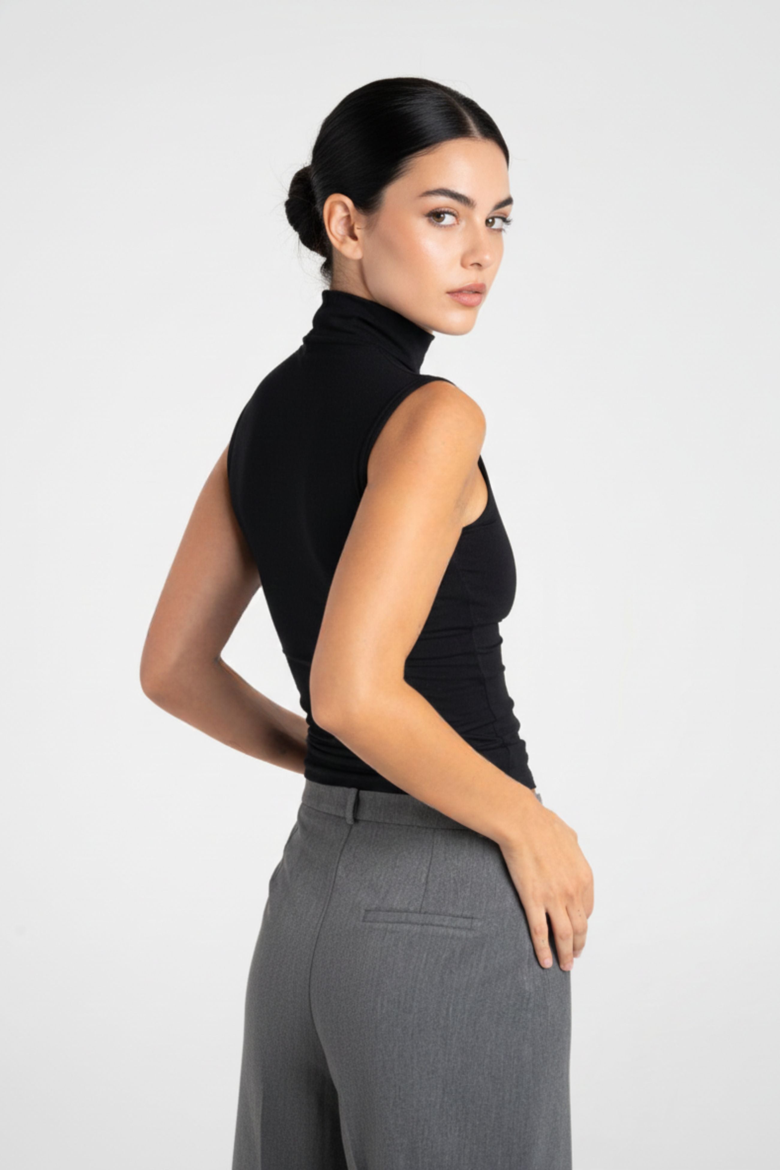 Women’s High Mock Neck Sleeveless Fitted Top – Soft Stretch Fabric| BLACK 2