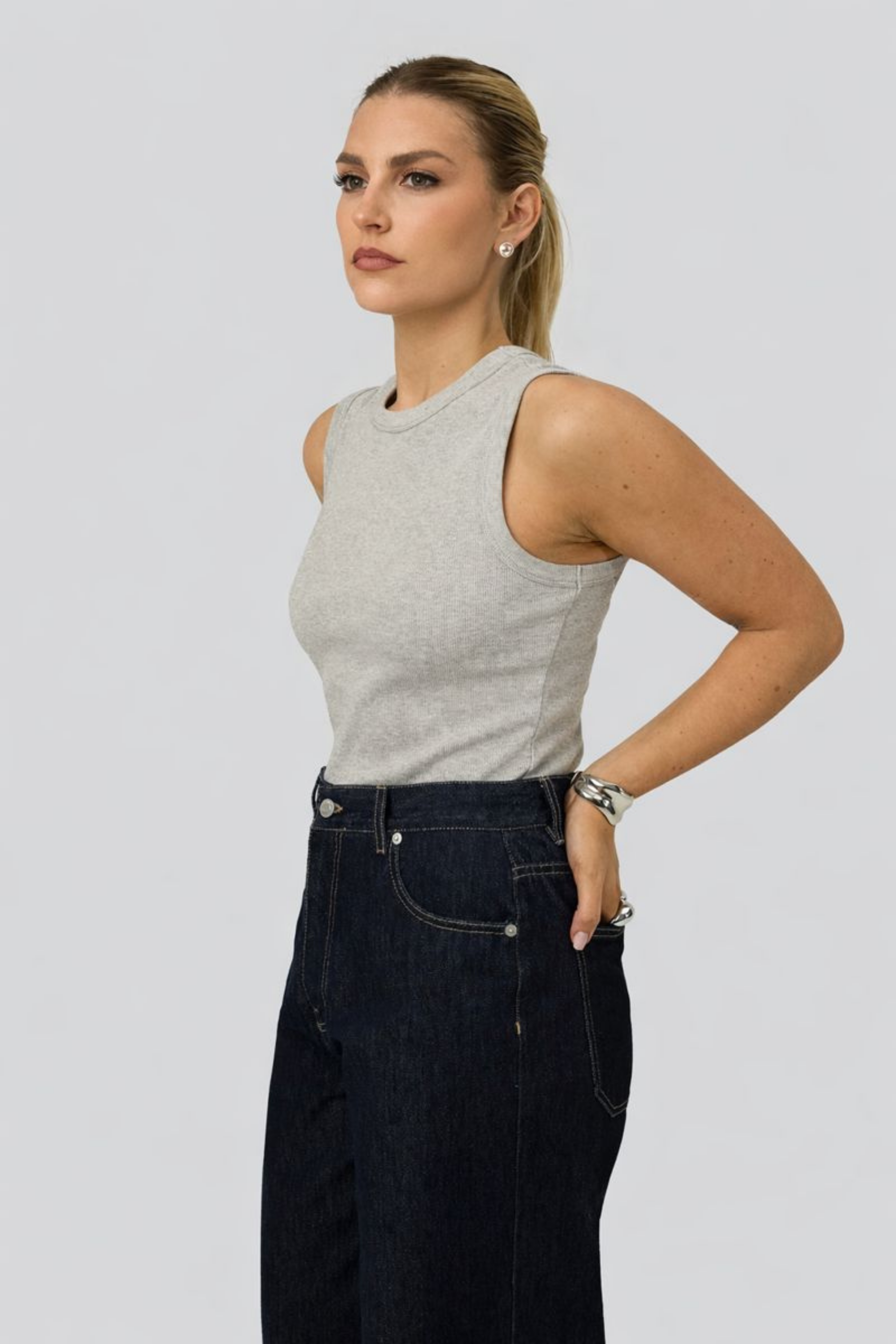 Women’s High Neck Ribbed Crop Tank Top – Sculpted Fit & Soft Comfort | GRAY 2