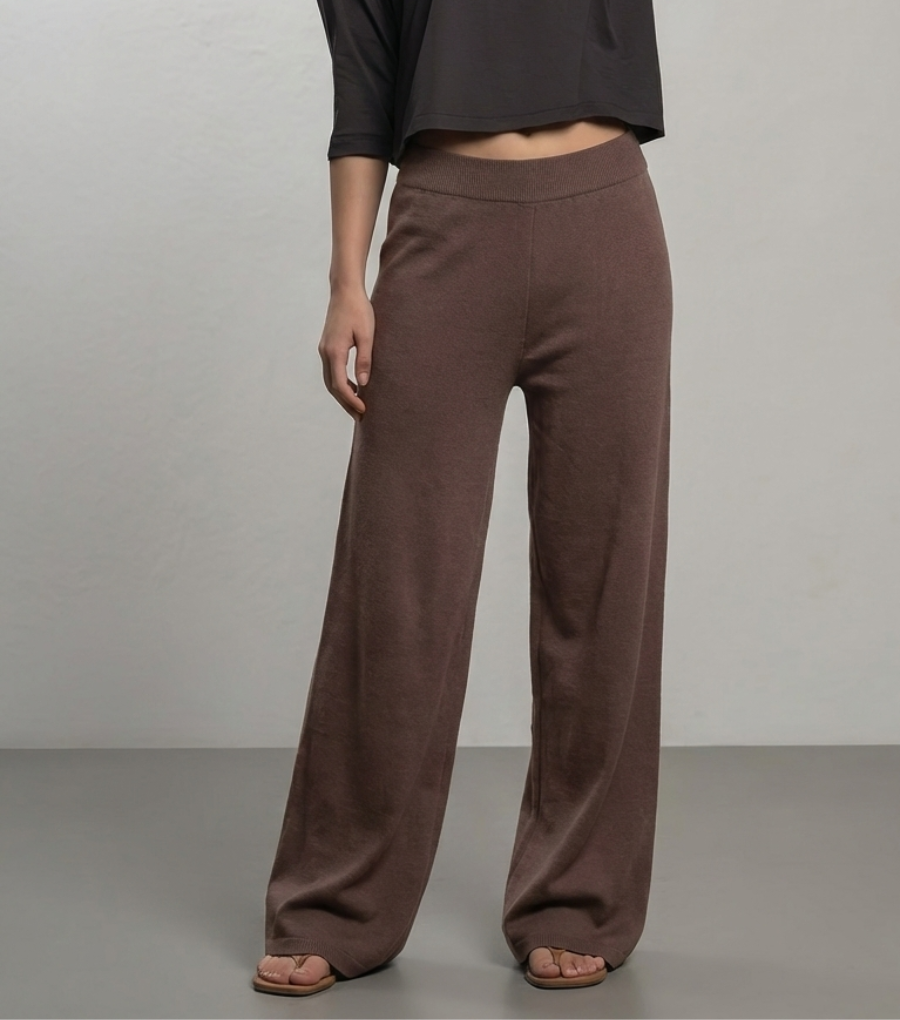 Women’s Knit Wide-Leg Pants – Elastic Waist Sandy Style - BROWN