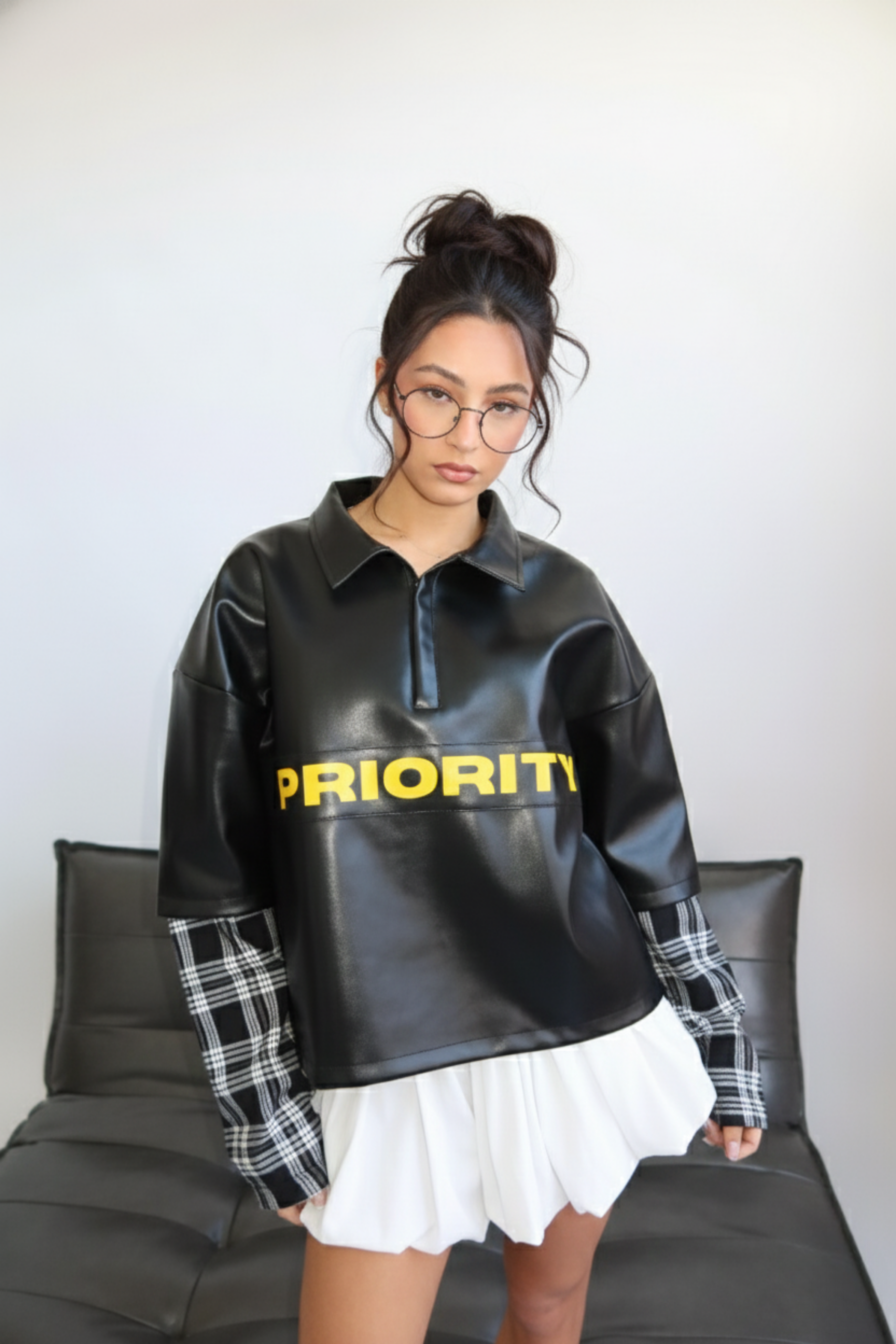 Women’s Leather-Look Long Sleeve Top with Checkered Sleeves – Stylish & Comfortable | BLACK 2