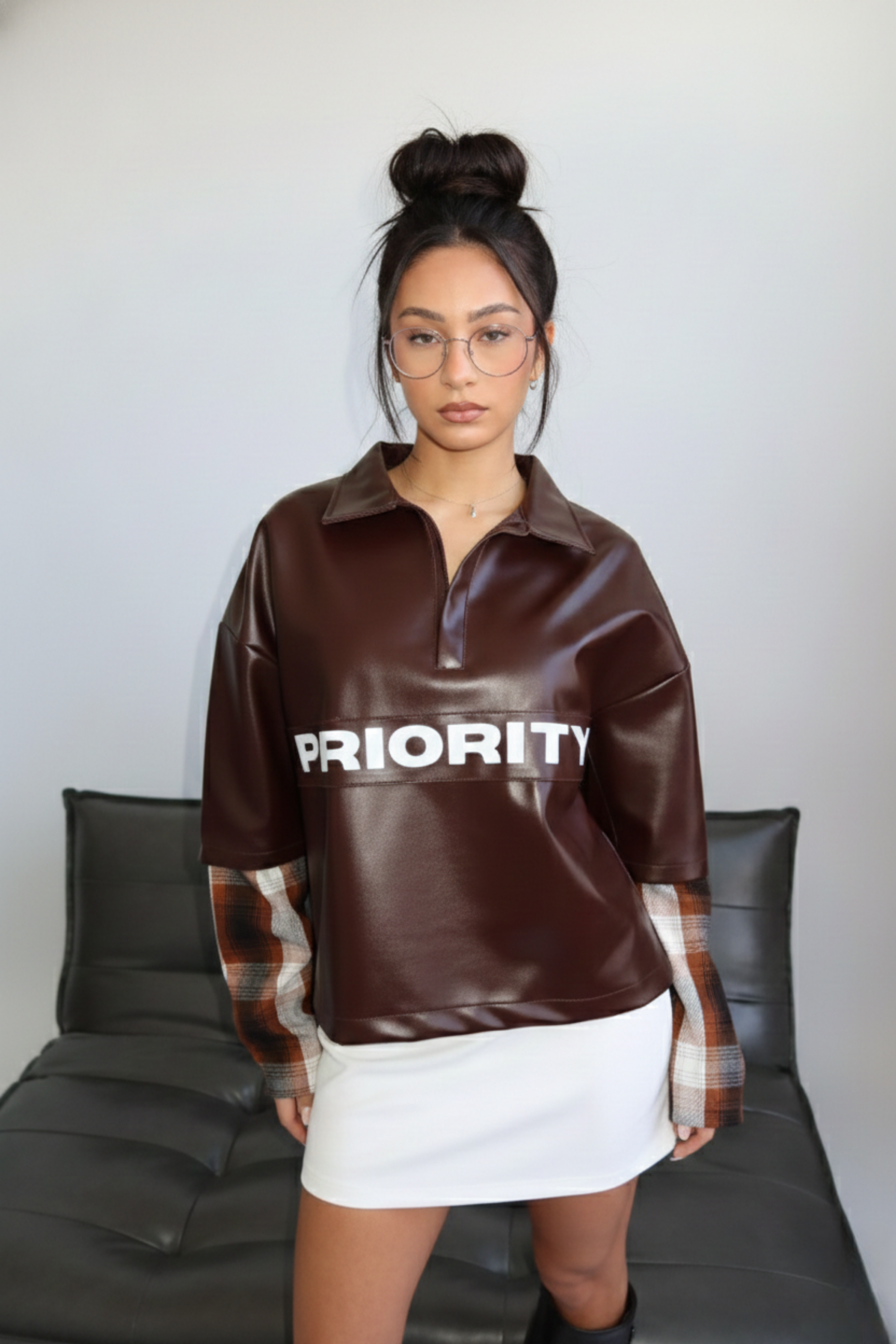 Women’s Leather-Look Long Sleeve Top with Checkered Sleeves – Stylish & Comfortable | BROWN 1