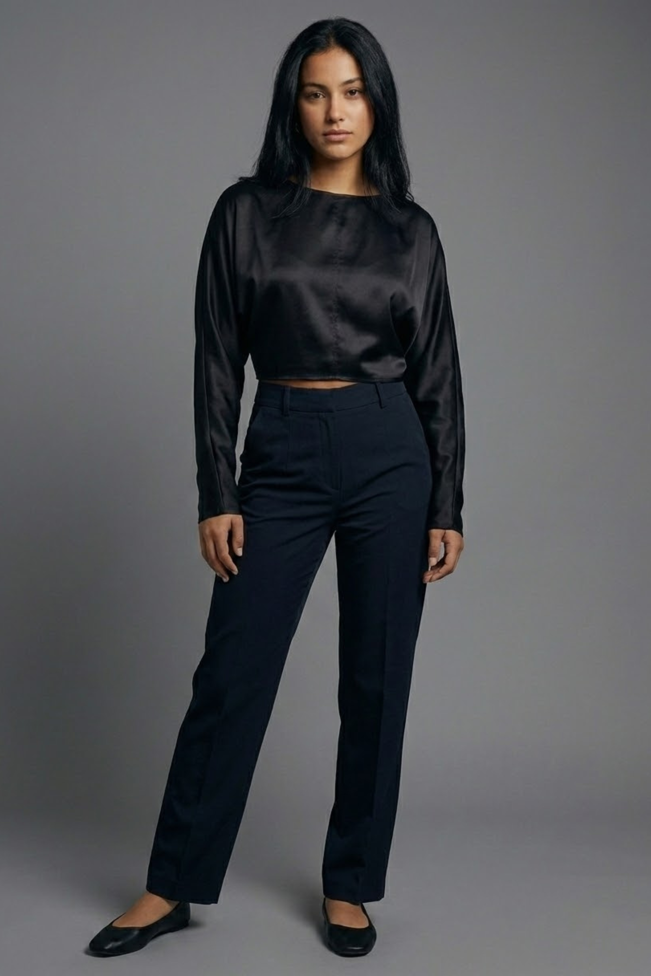 Women’s Long Sleeve Satin Blouse with Draped Batwing Sleeves – Elegant & Comfortable | BLACK 1