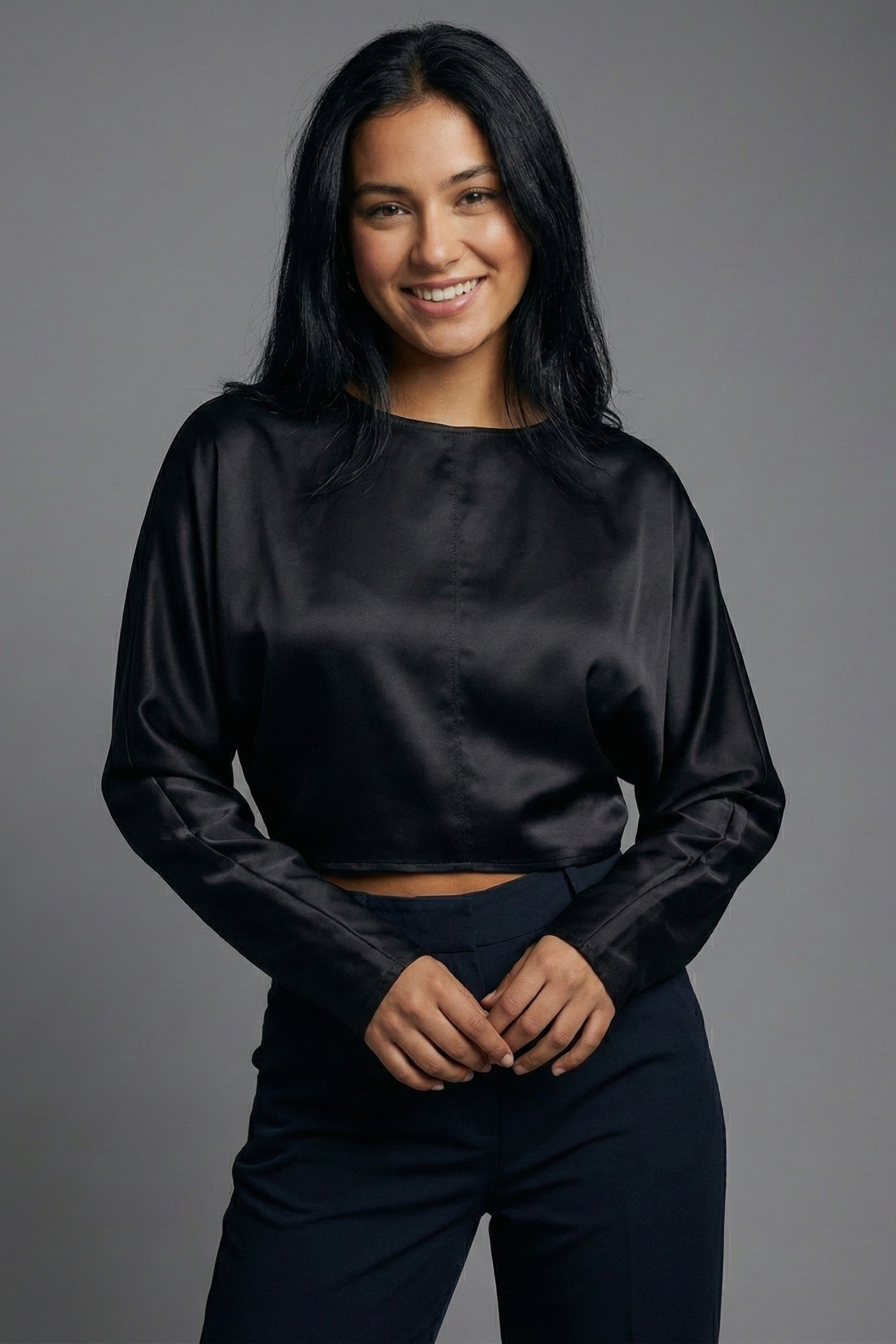 Women’s Long Sleeve Satin Blouse with Draped Batwing Sleeves – Elegant & Comfortable | BLACK 2