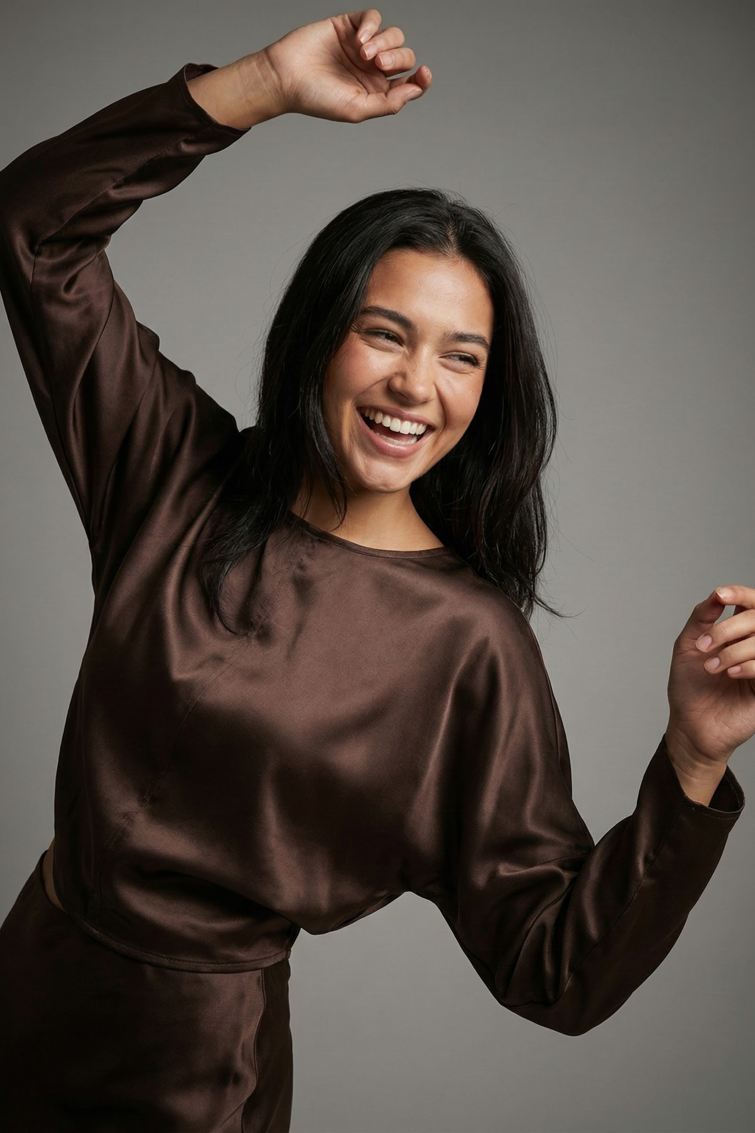 Women’s Long Sleeve Satin Blouse with Draped Batwing Sleeves – Elegant & Comfortable | BROWN 2