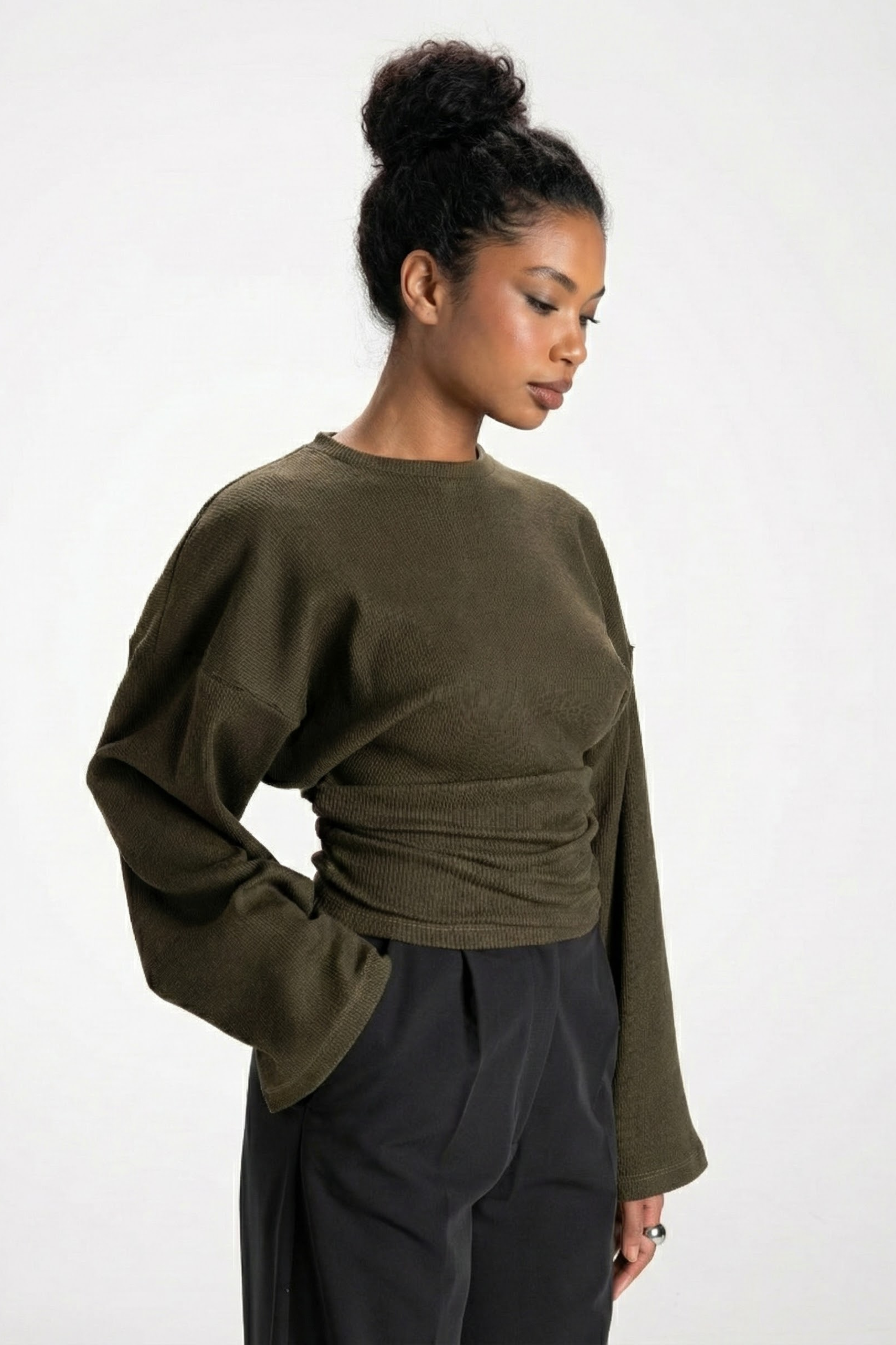 Women’s Ruched Waist Knit Top – Slim Fit with Oversized Sleeves 1