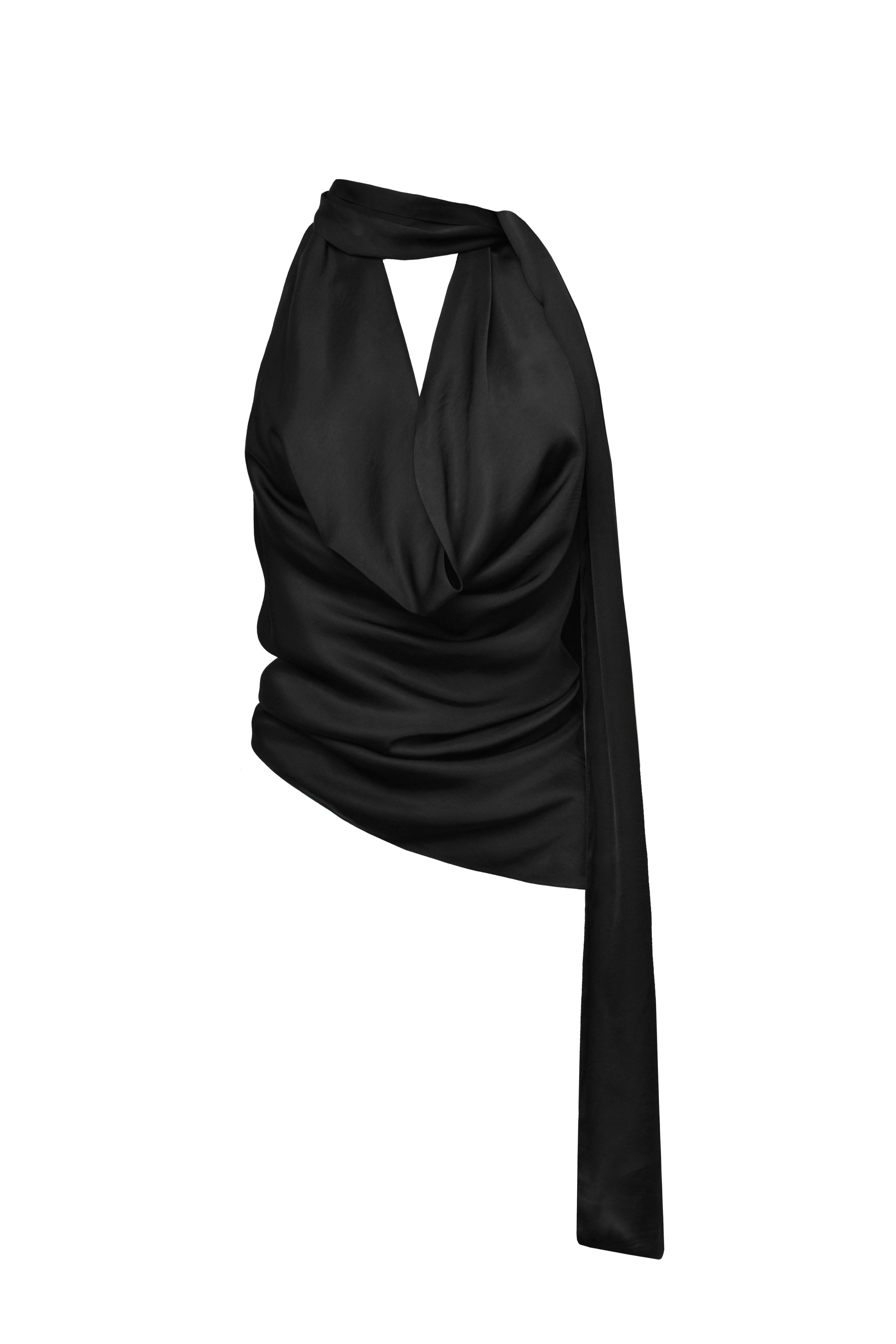 Women’s Satin Halter Top | Draped Front and Attached Scarf Detail | BLACK