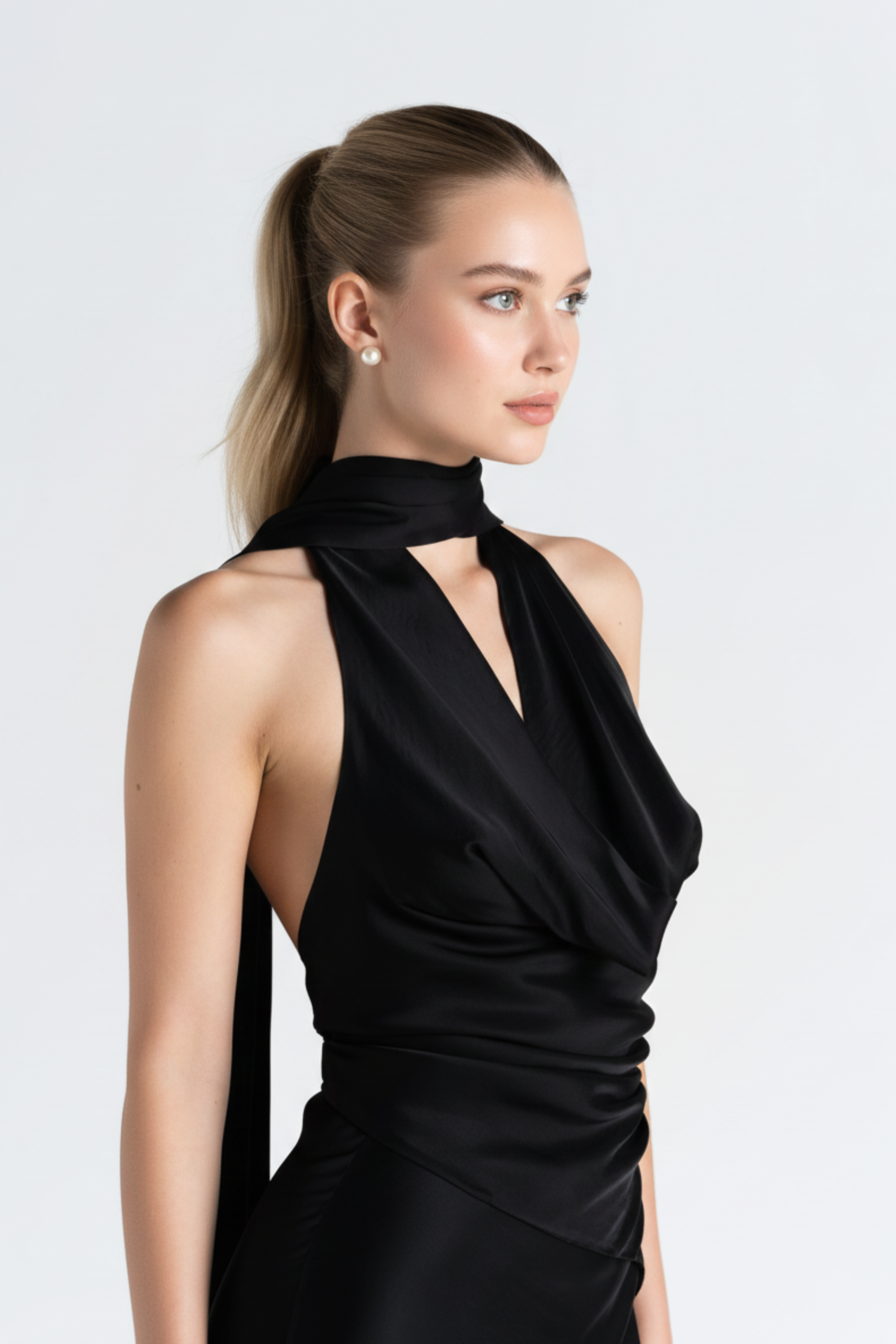 Women’s Satin Halter Top | Draped Front and Attached Scarf Detail | BLACK 1