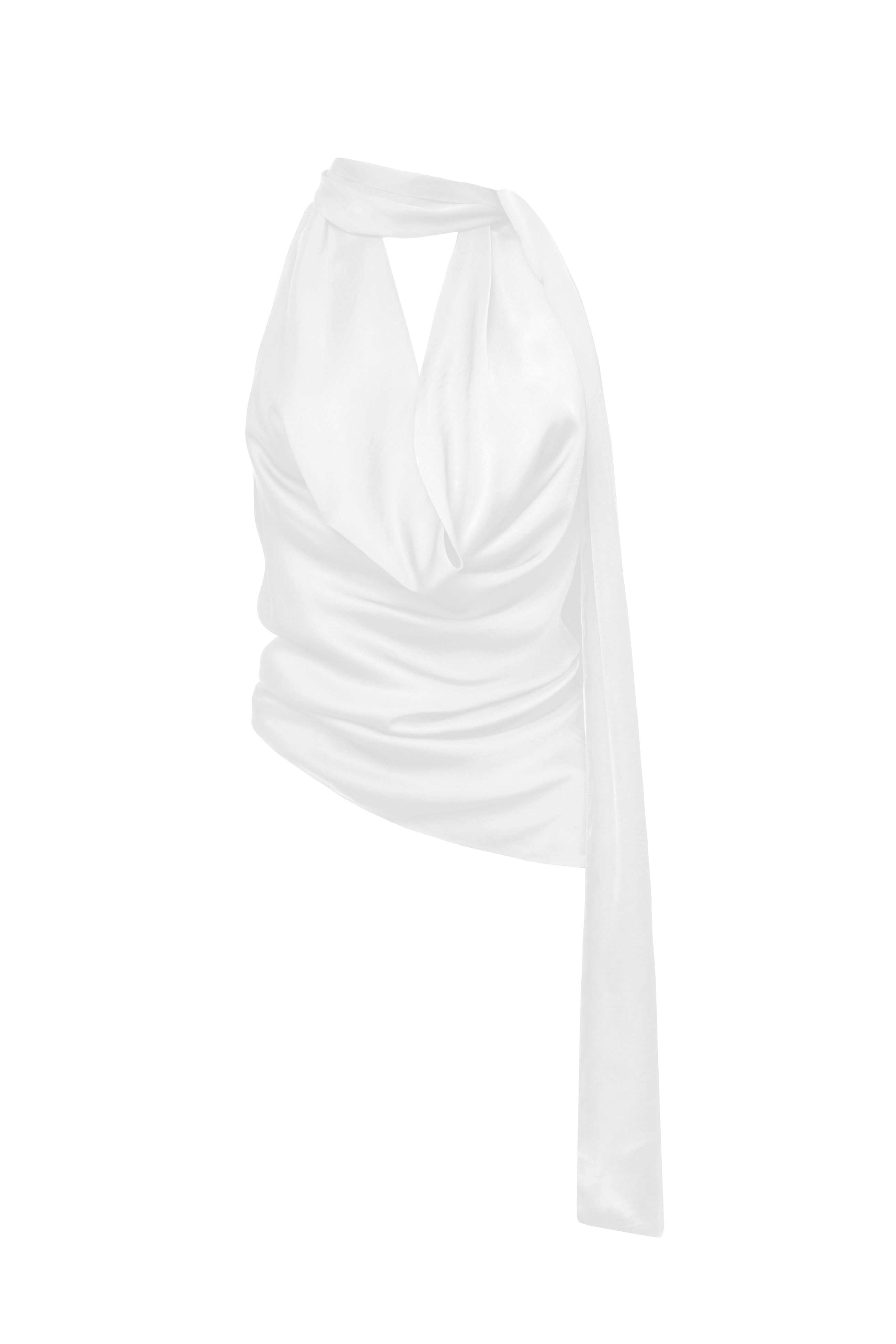 Women’s Satin Halter Top | Draped Front and Attached Scarf Detail | WHITE