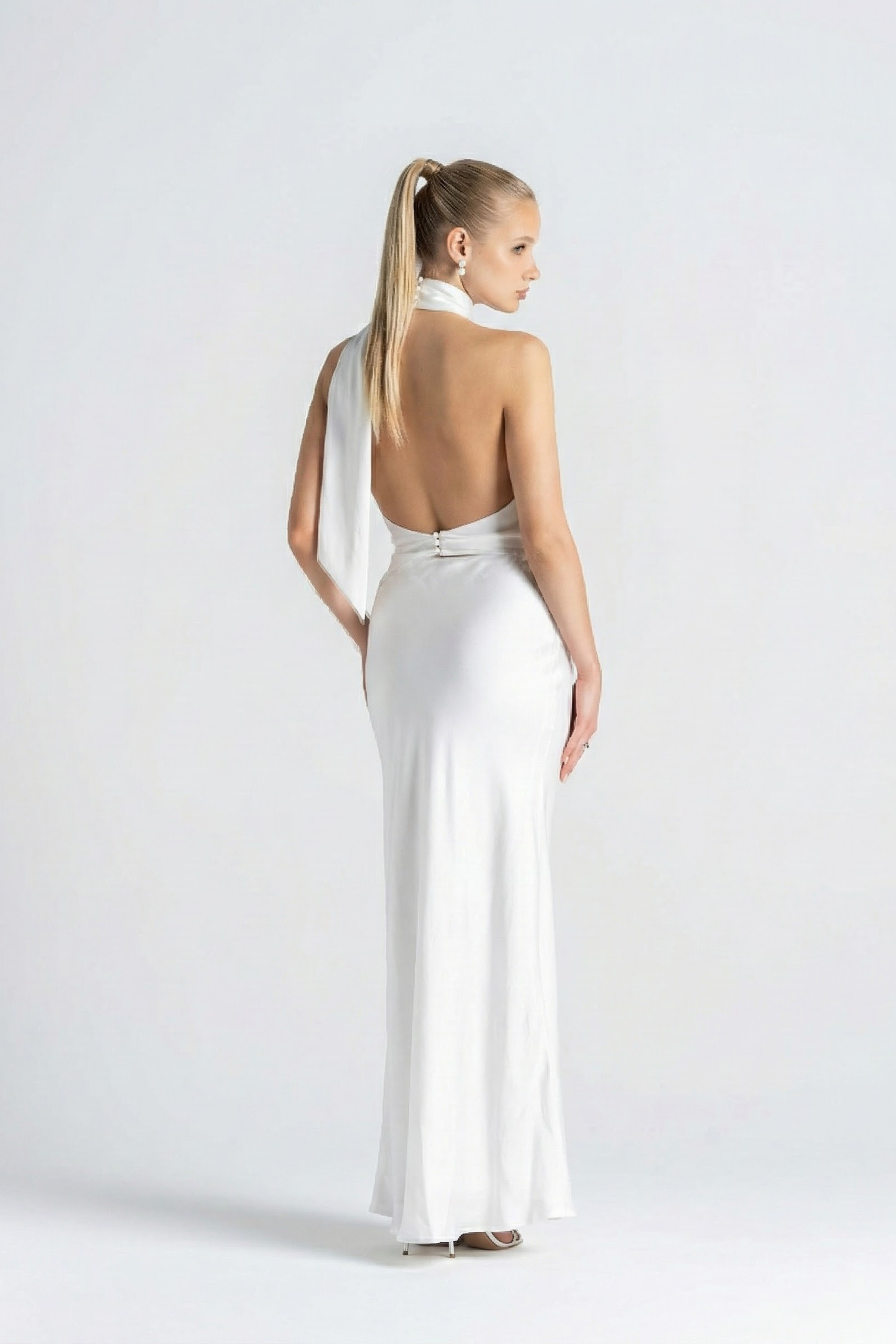 Women’s Satin Halter Top | Draped Front and Attached Scarf Detail | WHITE 3