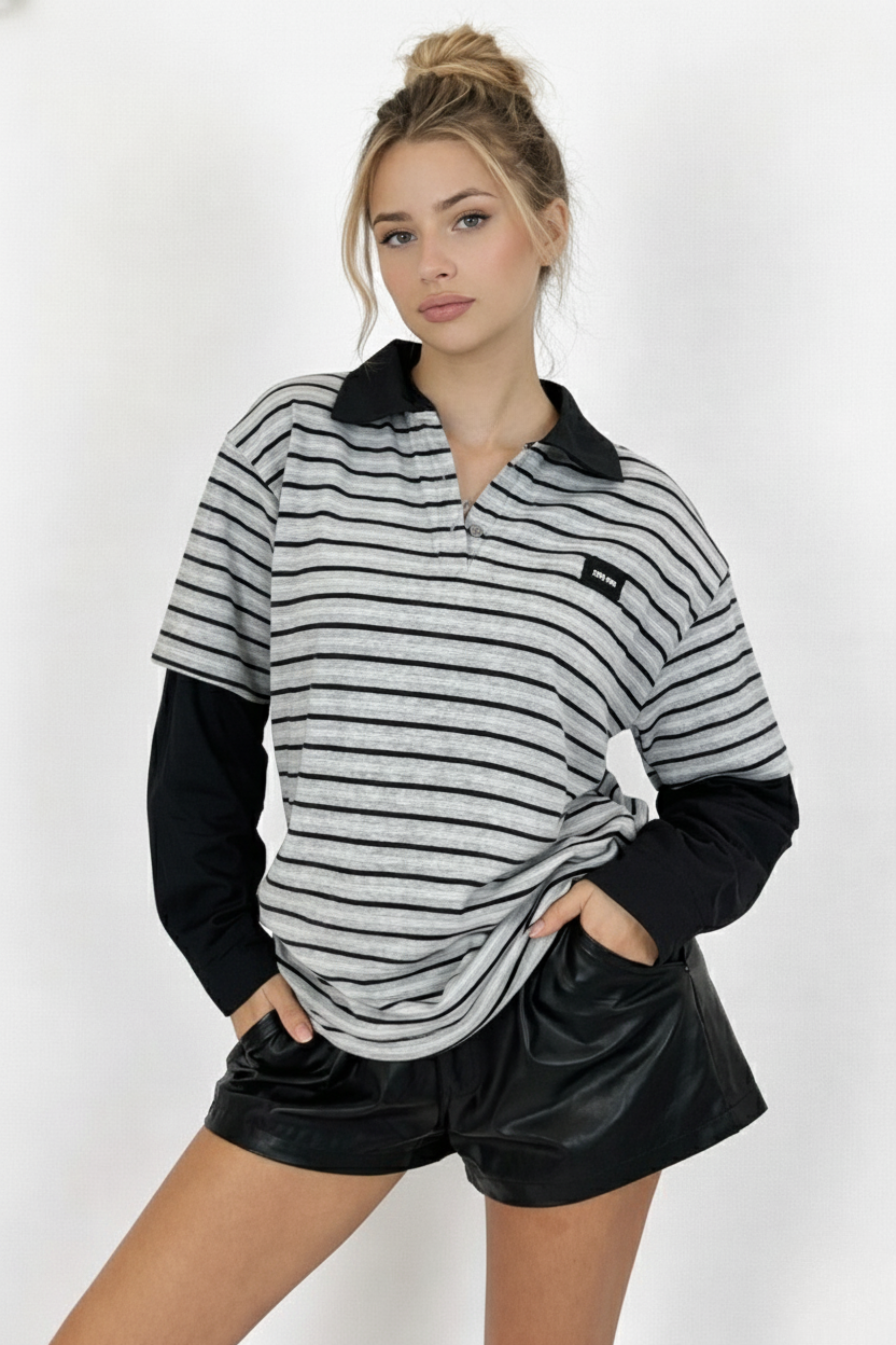 Women’s Striped Polo Shirt with Long Sleeves – Casual & Trendy | BLACK