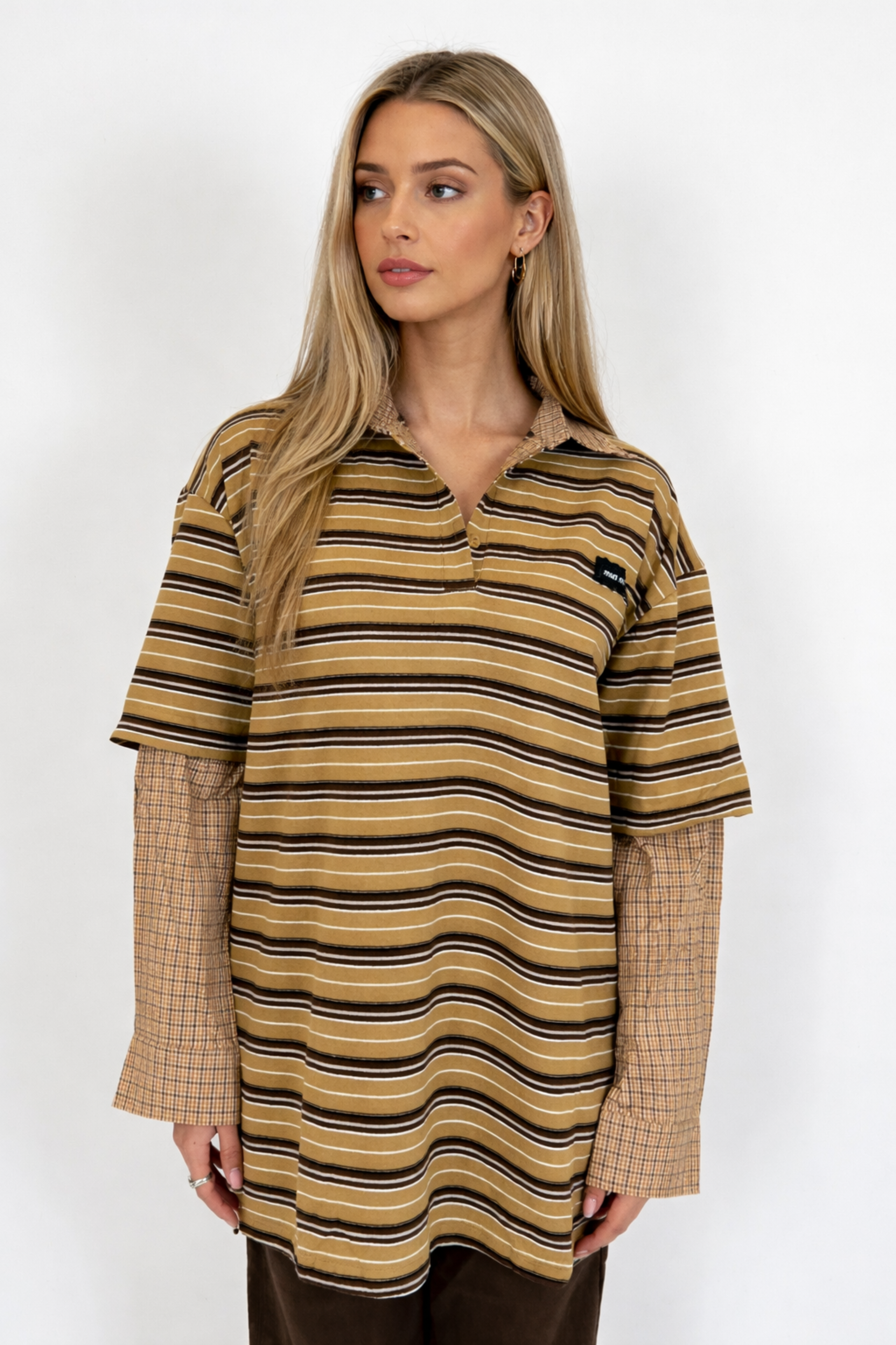 Women’s Striped Polo Shirt with Long Sleeves – Casual & Trendy | TAUPE