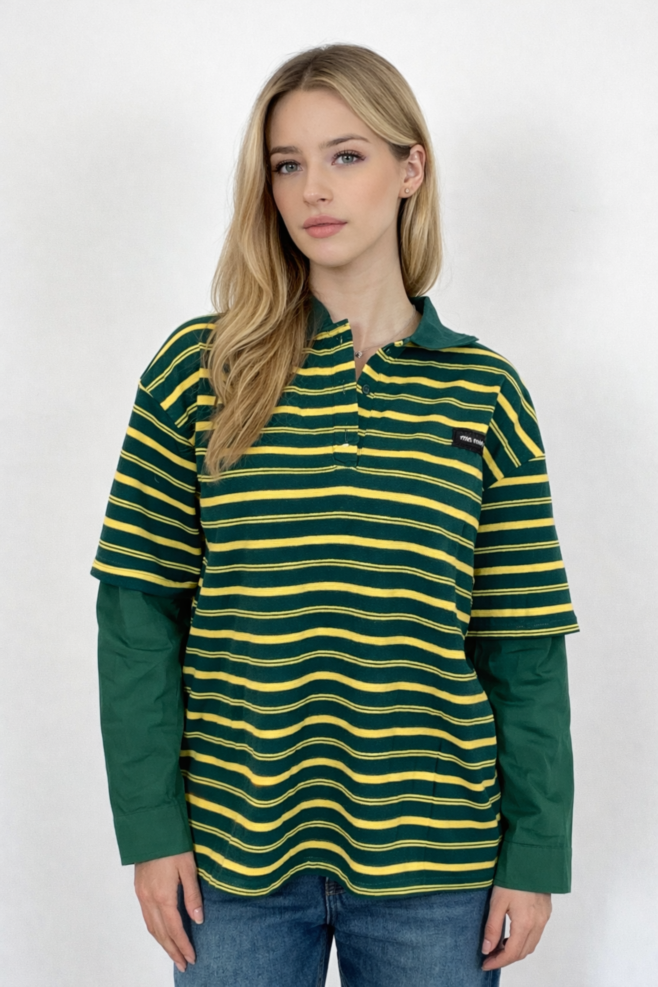 Women’s Striped Polo Shirt with Long Sleeves – Casual & Trendy | YELLOW 1