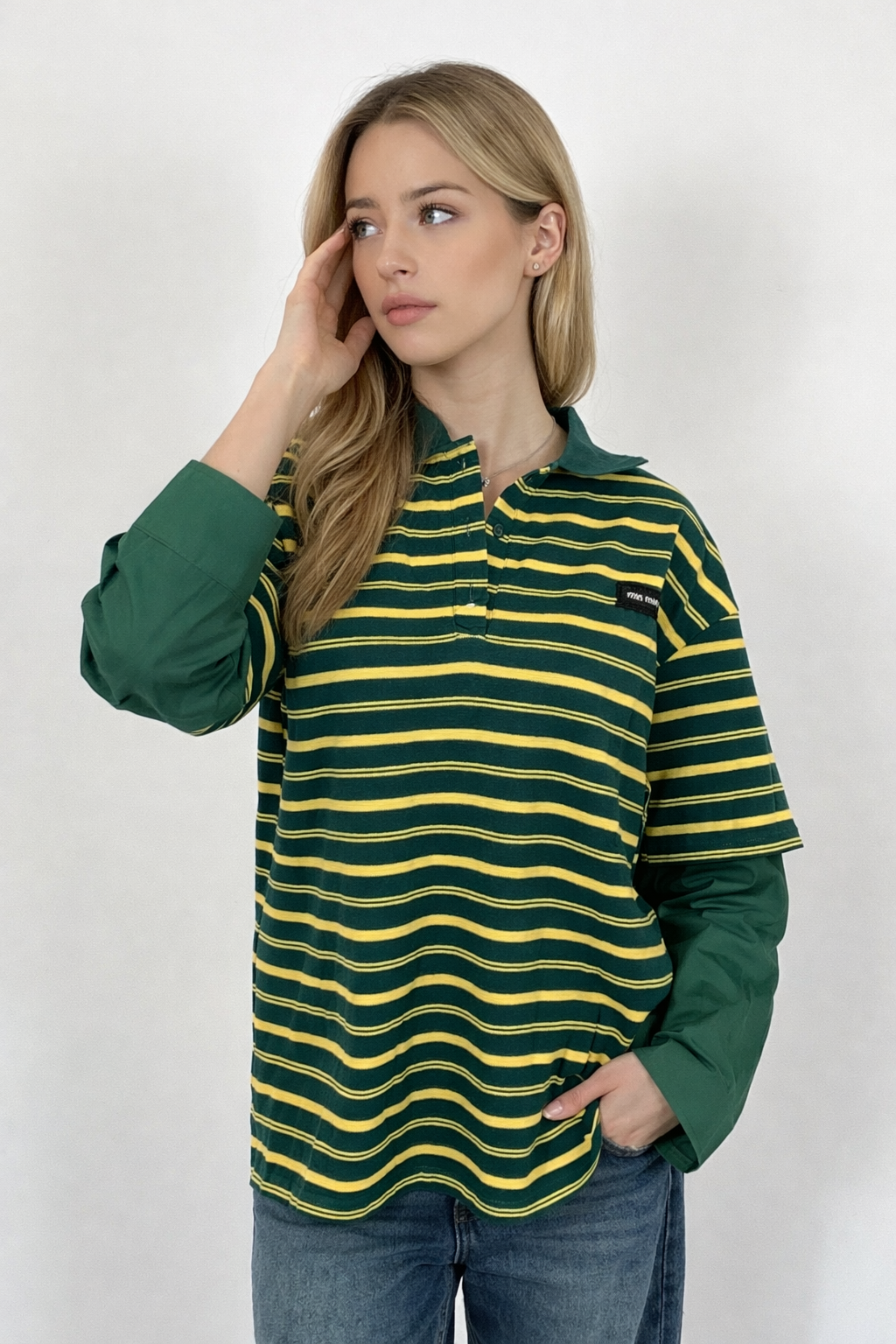 Women’s Striped Polo Shirt with Long Sleeves – Casual & Trendy | YELLOW 2