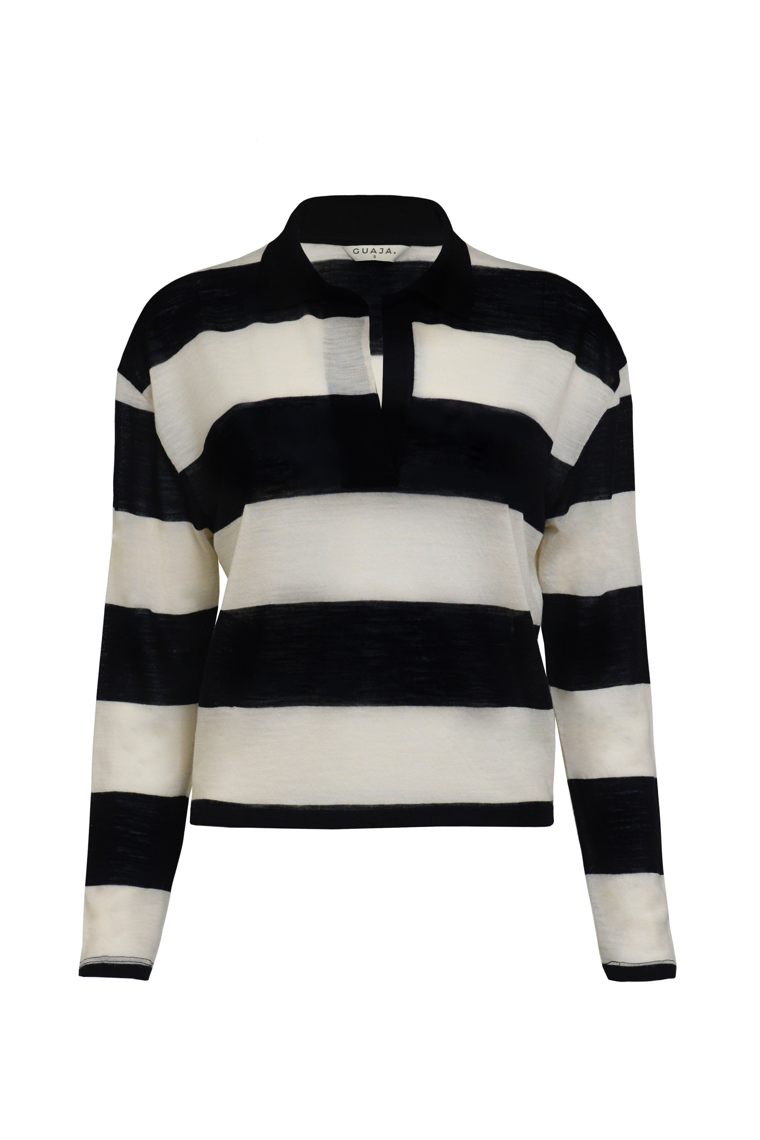 Women’s Wool Pullover with Polo Collar – Horizontal Stripes and Relaxed Fit