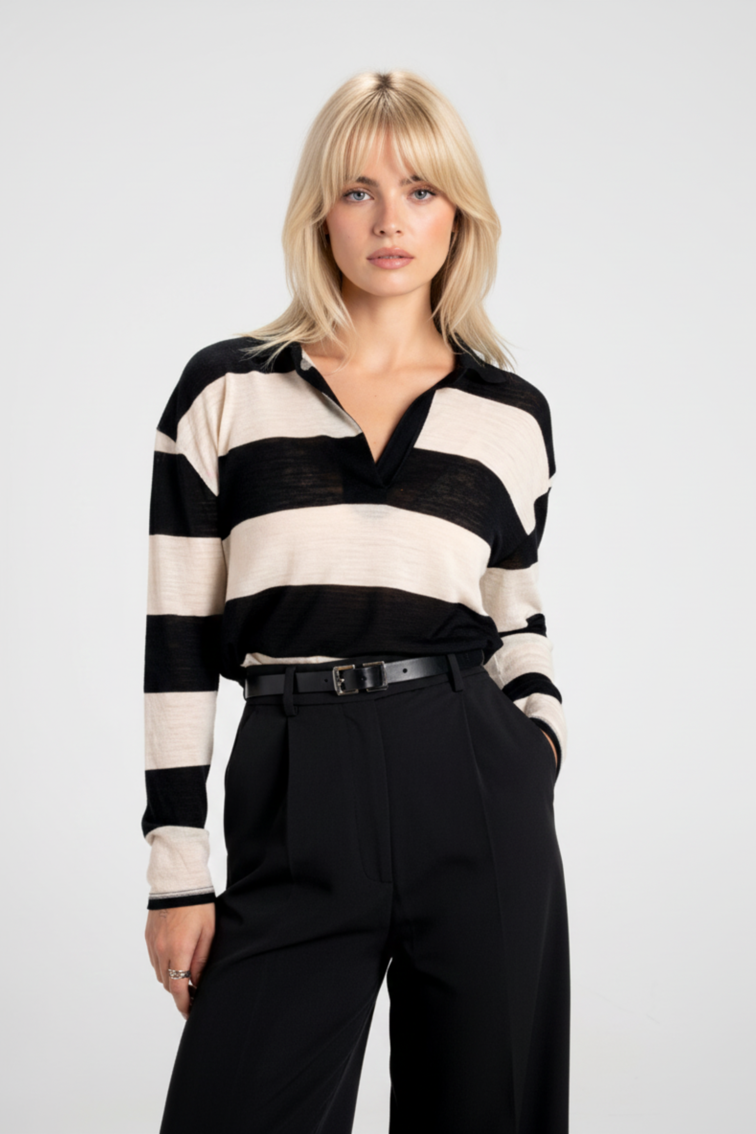Women’s Wool Pullover with Polo Collar – Horizontal Stripes and Relaxed Fit 1