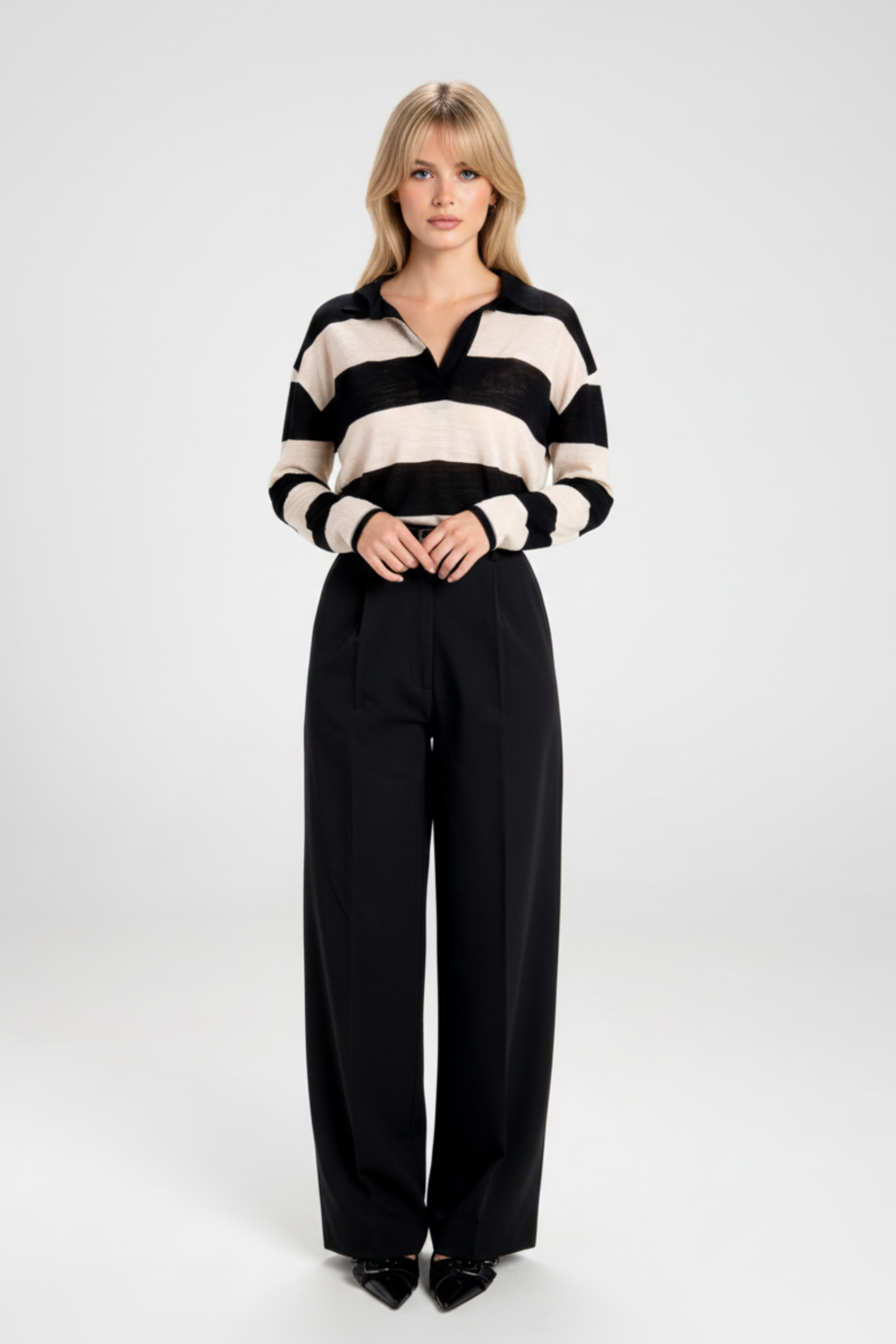 Women’s Wool Pullover with Polo Collar – Horizontal Stripes and Relaxed Fit 3
